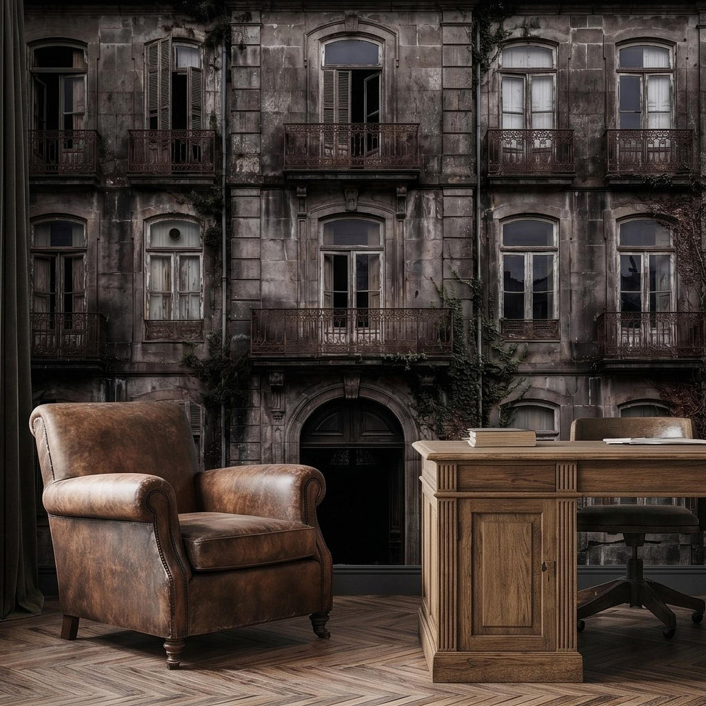 Abandoned Weathered Building Facade Peel and Stick Wall Mural, Aged Stone Architecture, Vintage Balconies and Windows Wallpaper