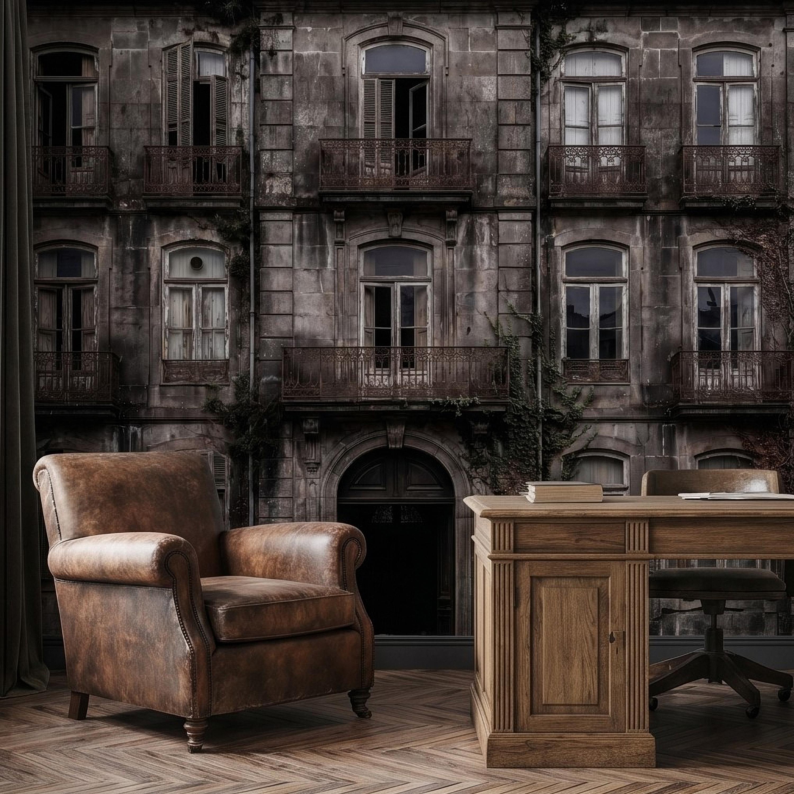 Abandoned Weathered Building Facade Peel and Stick Wall Mural, Aged Stone Architecture, Vintage Balconies and Windows Wallpaper
