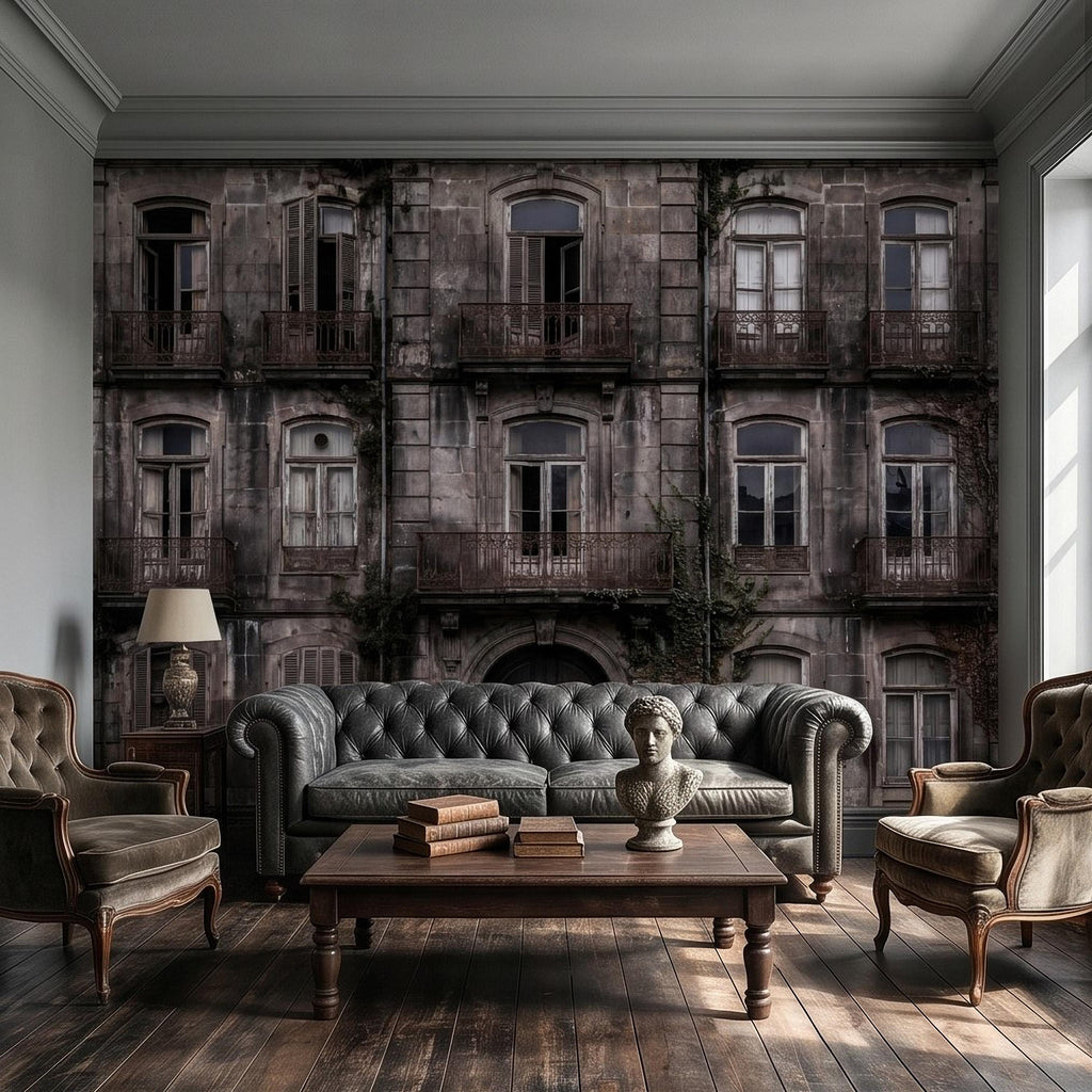 Abandoned Weathered Building Facade Peel and Stick Wall Mural, Aged Stone Architecture, Vintage Balconies and Windows Wallpaper