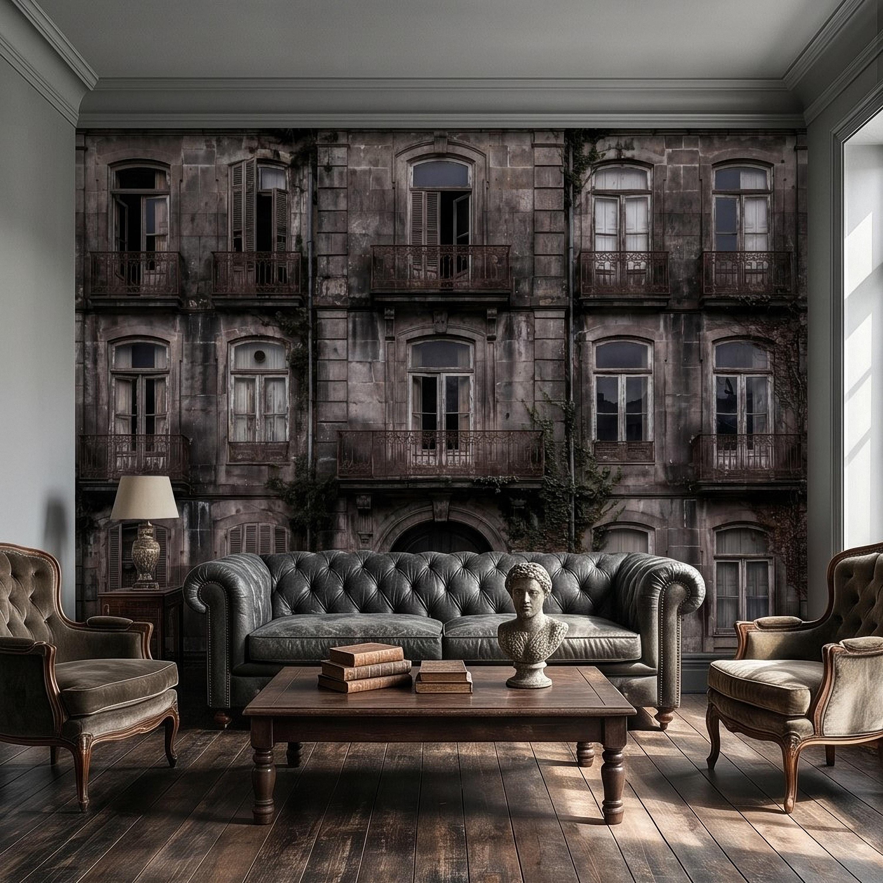 Abandoned Weathered Building Facade Peel and Stick Wall Mural, Aged Stone Architecture, Vintage Balconies and Windows Wallpaper