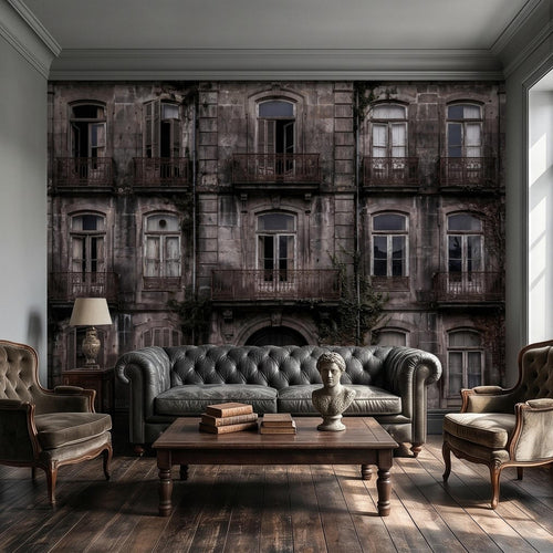 Wall mural of an aged stone building exterior with rows of windows and balconies