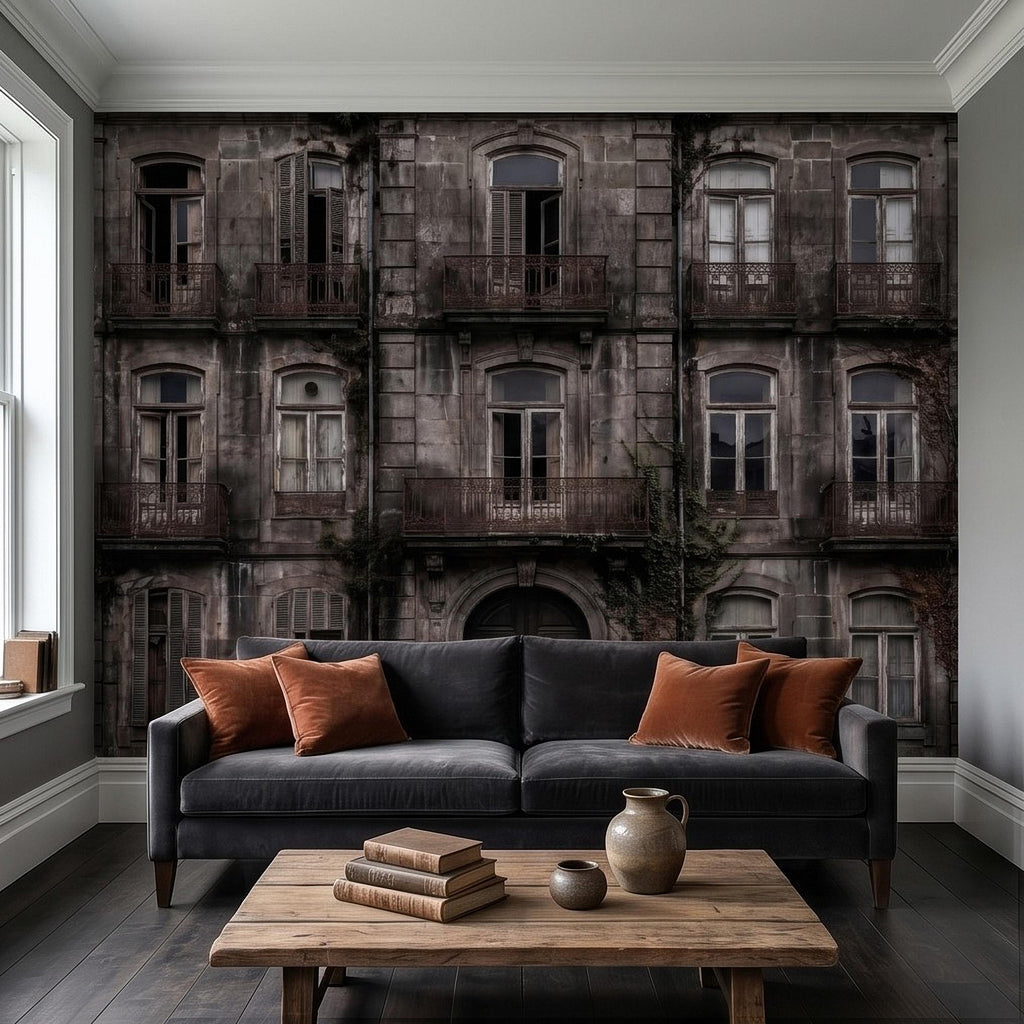 Abandoned Weathered Building Facade Peel and Stick Wall Mural, Aged Stone Architecture, Vintage Balconies and Windows Wallpaper