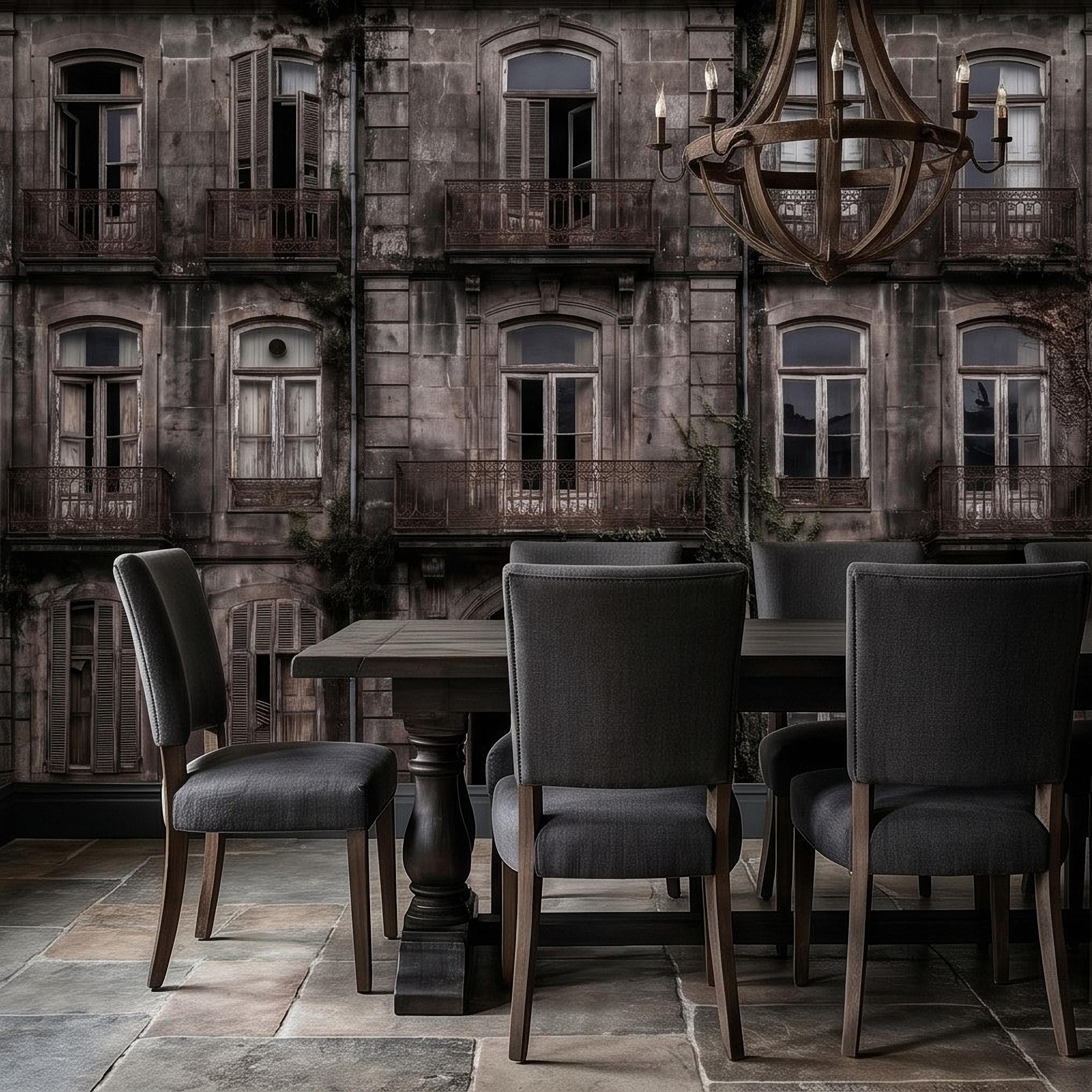 Abandoned Weathered Building Facade Peel and Stick Wall Mural, Aged Stone Architecture, Vintage Balconies and Windows Wallpaper