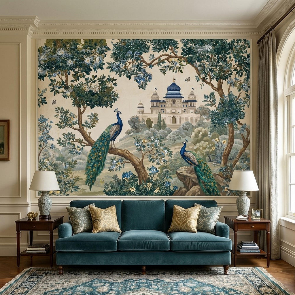 Peacock Garden Peel and Stick Wall Mural, Blooming Trees and Palace View, Elegant Botanical Landscape Chinoiserie Wallpaper