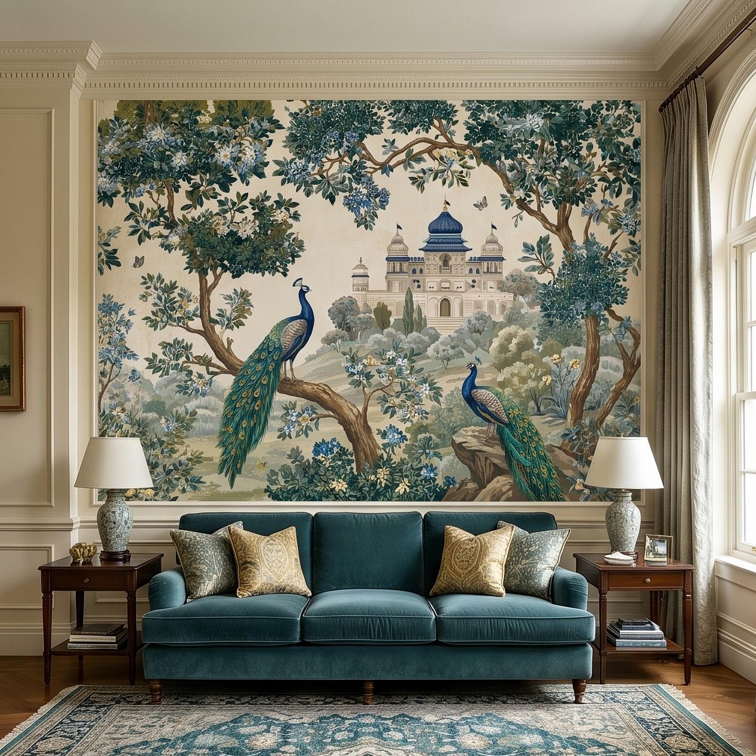Peacock Garden Peel and Stick Wall Mural, Blooming Trees and Palace View, Elegant Botanical Landscape Chinoiserie Wallpaper