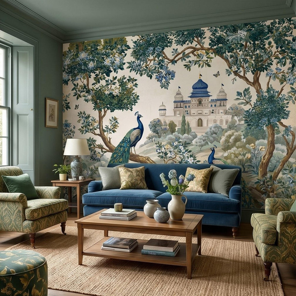 Peacock Garden Peel and Stick Wall Mural, Blooming Trees and Palace View, Elegant Botanical Landscape Chinoiserie Wallpaper