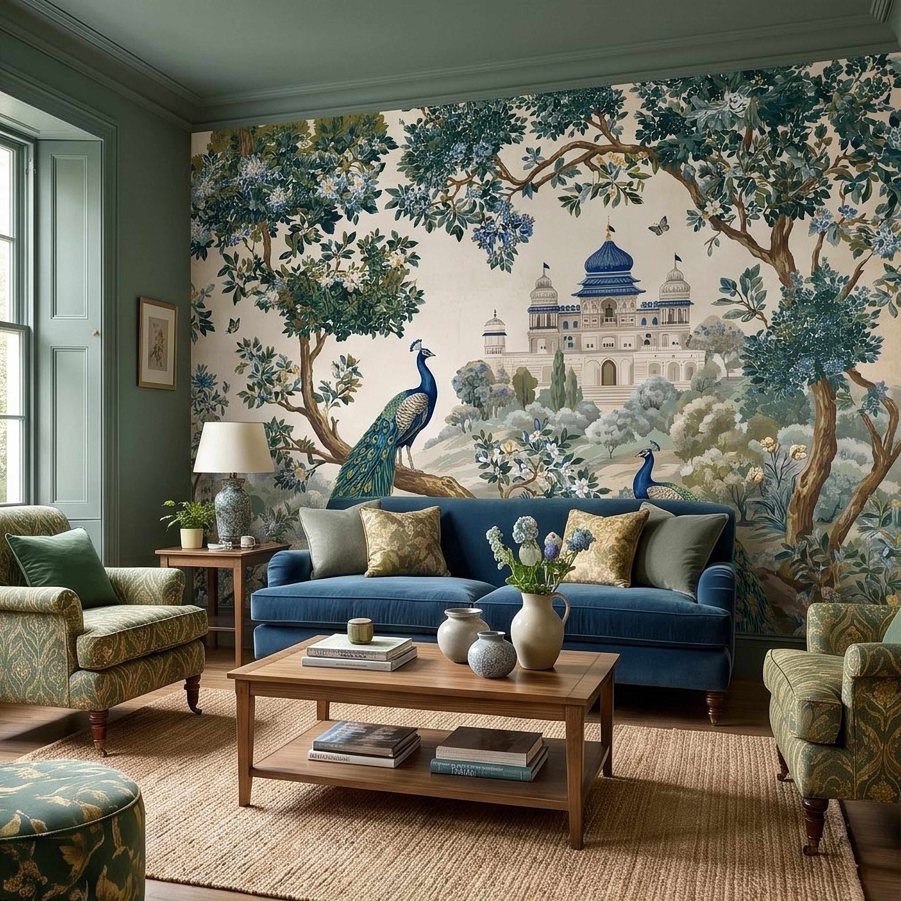Peacock Garden Peel and Stick Wall Mural, Blooming Trees and Palace View, Elegant Botanical Landscape Chinoiserie Wallpaper