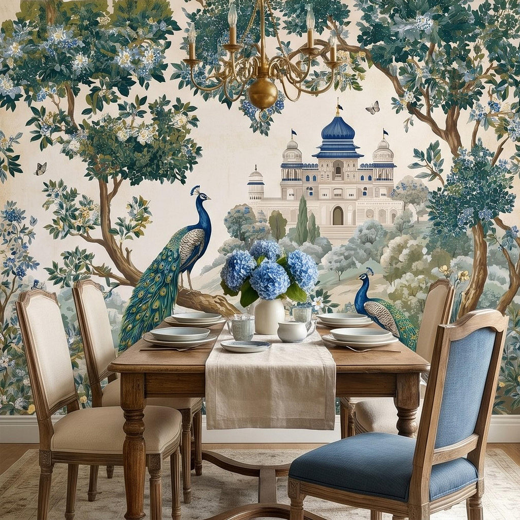 Peacock Garden Peel and Stick Wall Mural, Blooming Trees and Palace View, Elegant Botanical Landscape Chinoiserie Wallpaper