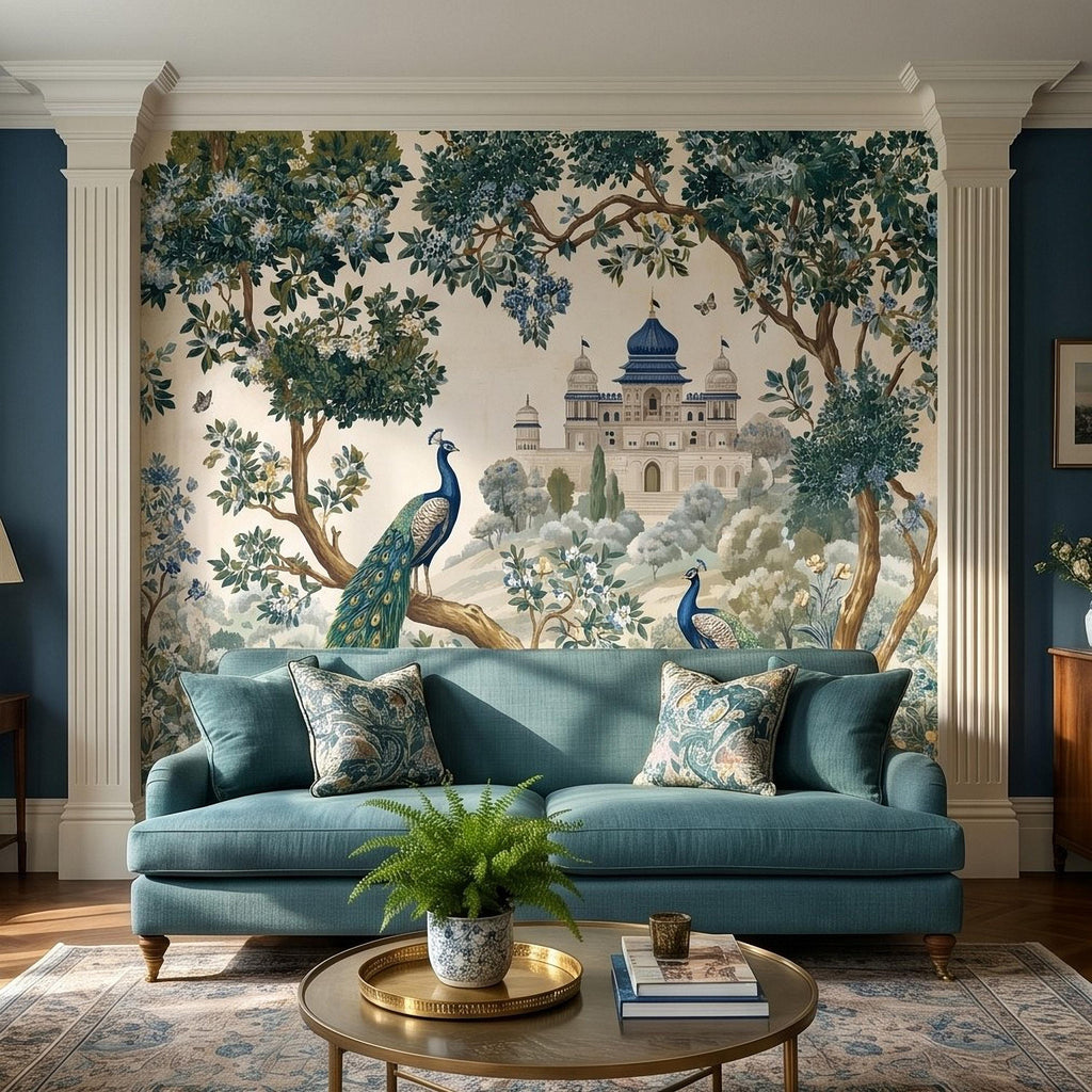 Peacock Garden Peel and Stick Wall Mural, Blooming Trees and Palace View, Elegant Botanical Landscape Chinoiserie Wallpaper