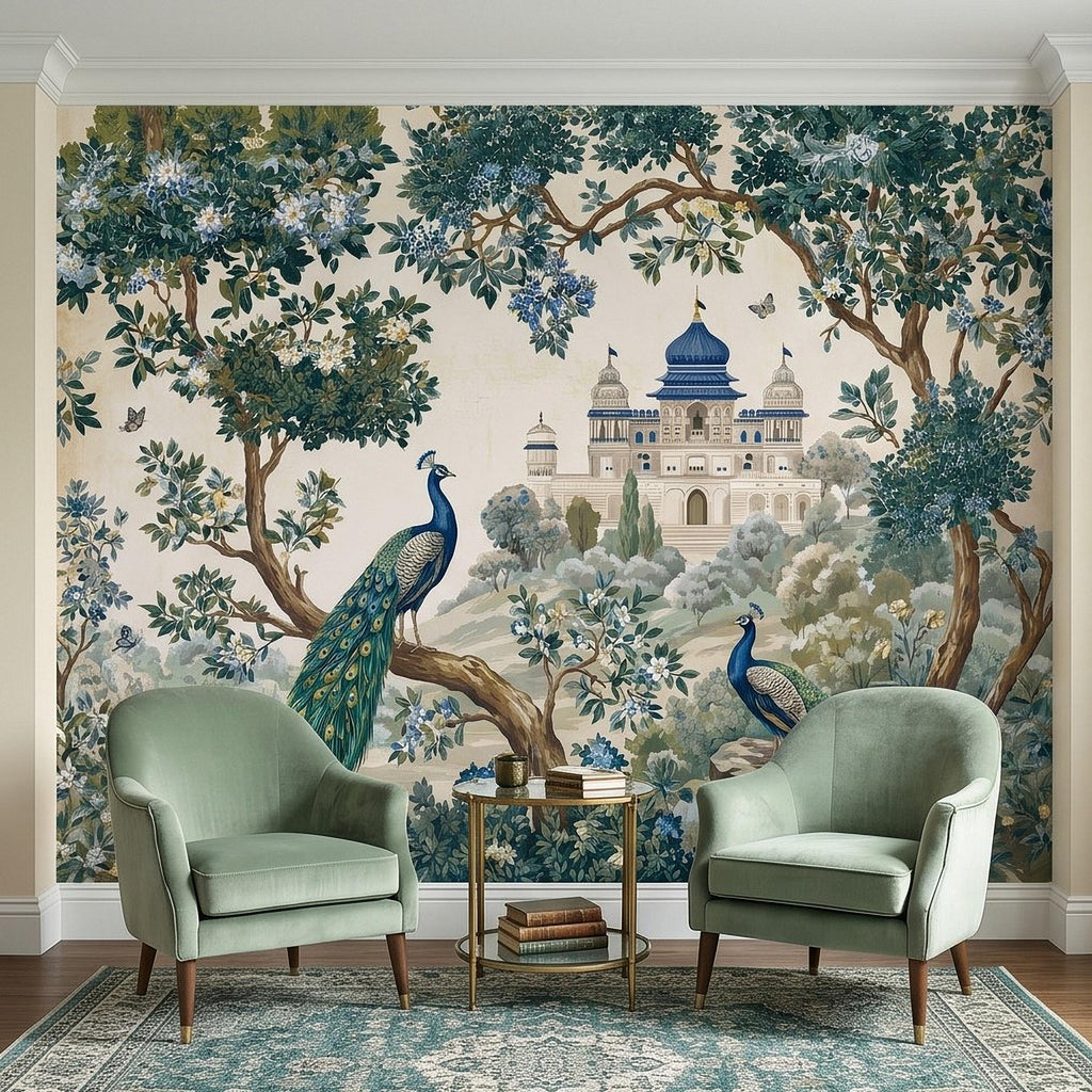 Peacock Garden Peel and Stick Wall Mural, Blooming Trees and Palace View, Elegant Botanical Landscape Chinoiserie Wallpaper