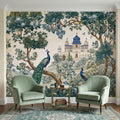 Peacock Garden Peel and Stick Wall Mural, Blooming Trees and Palace View, Elegant Botanical Landscape Chinoiserie Wallpaper