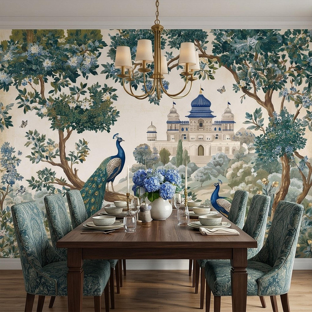 Peacock Garden Peel and Stick Wall Mural, Blooming Trees and Palace View, Elegant Botanical Landscape Chinoiserie Wallpaper