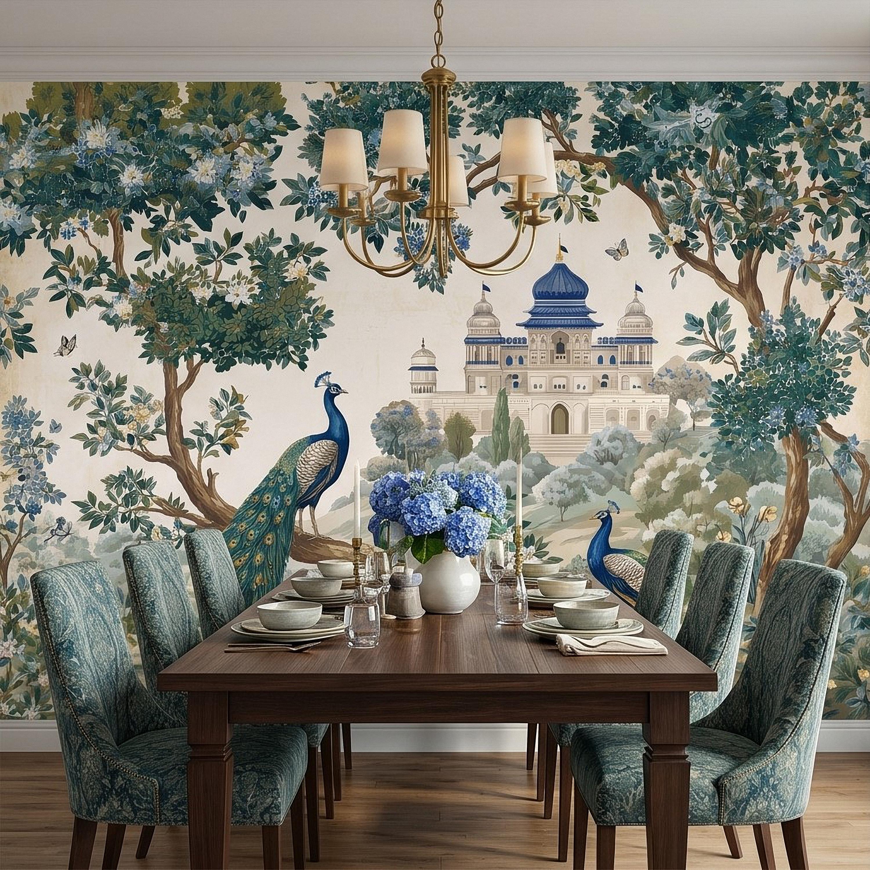 Peacock Garden Peel and Stick Wall Mural, Blooming Trees and Palace View, Elegant Botanical Landscape Chinoiserie Wallpaper