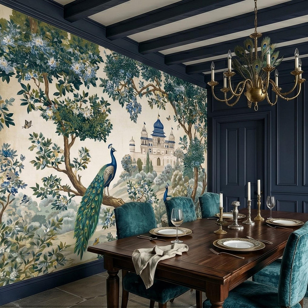 Peacock Garden Peel and Stick Wall Mural, Blooming Trees and Palace View, Elegant Botanical Landscape Chinoiserie Wallpaper