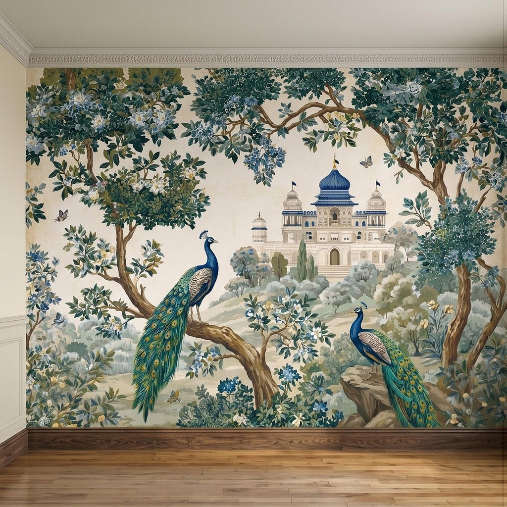 Peacock Garden Peel and Stick Wall Mural, Blooming Trees and Palace View, Elegant Botanical Landscape Chinoiserie Wallpaper