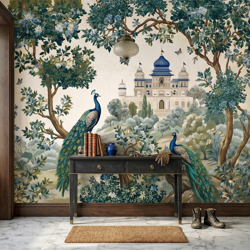 Peacock Garden Peel and Stick Wall Mural, Blooming Trees and Palace View, Elegant Botanical Landscape Chinoiserie Wallpaper