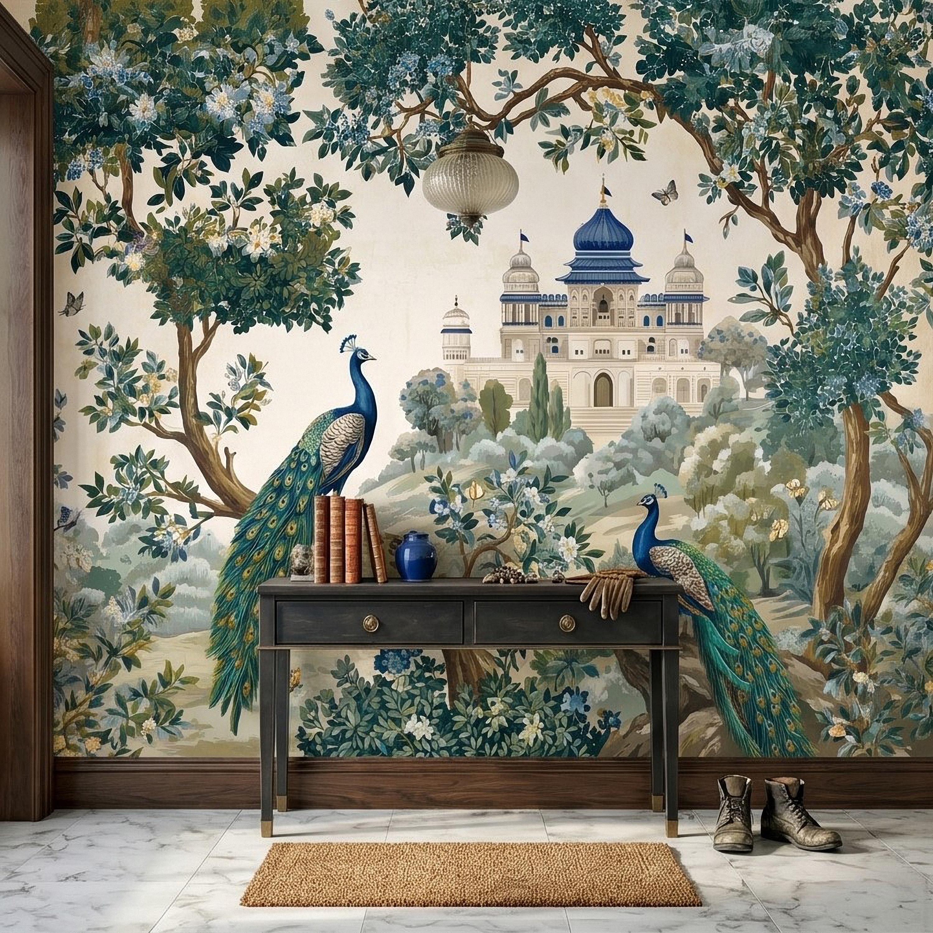 Peacock Garden Peel and Stick Wall Mural, Blooming Trees and Palace View, Elegant Botanical Landscape Chinoiserie Wallpaper