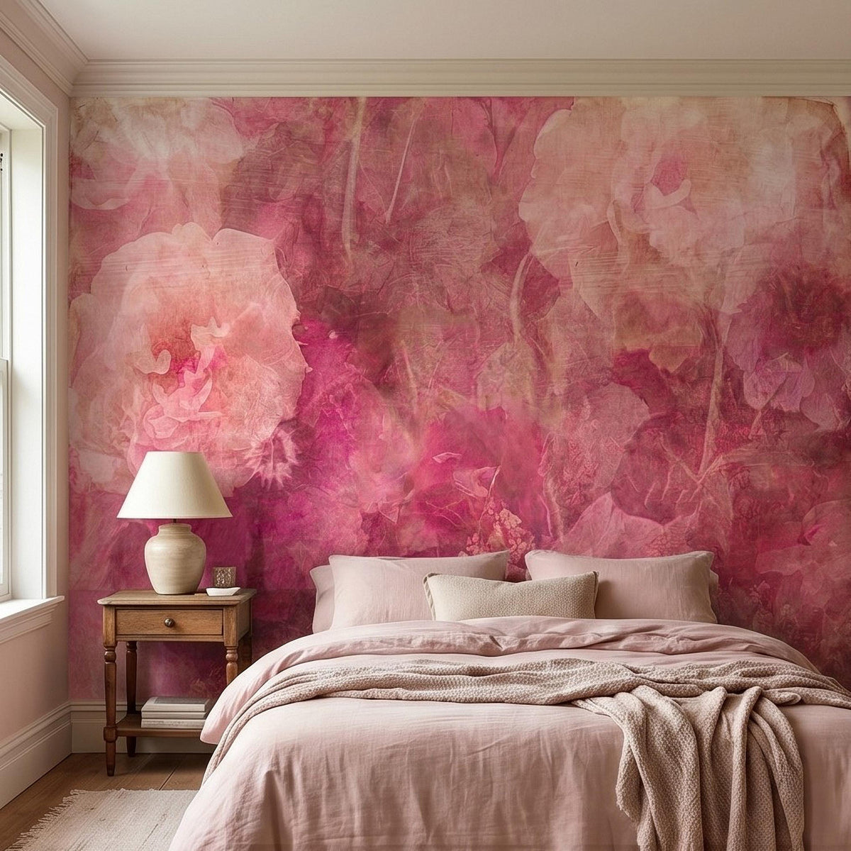 Vintage Pink Floral Watercolor Peel and Stick Wall Mural, Blush Rose and Peony Blooms, Soft Botanical Texture Wallpaper - The Fine Art Murals