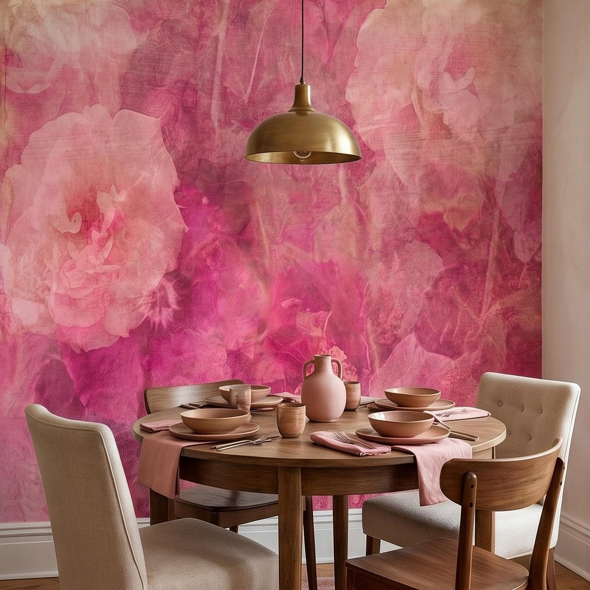 Vintage Pink Floral Watercolor Peel and Stick Wall Mural, Blush Rose and Peony Blooms, Soft Botanical Texture Wallpaper - The Fine Art Murals