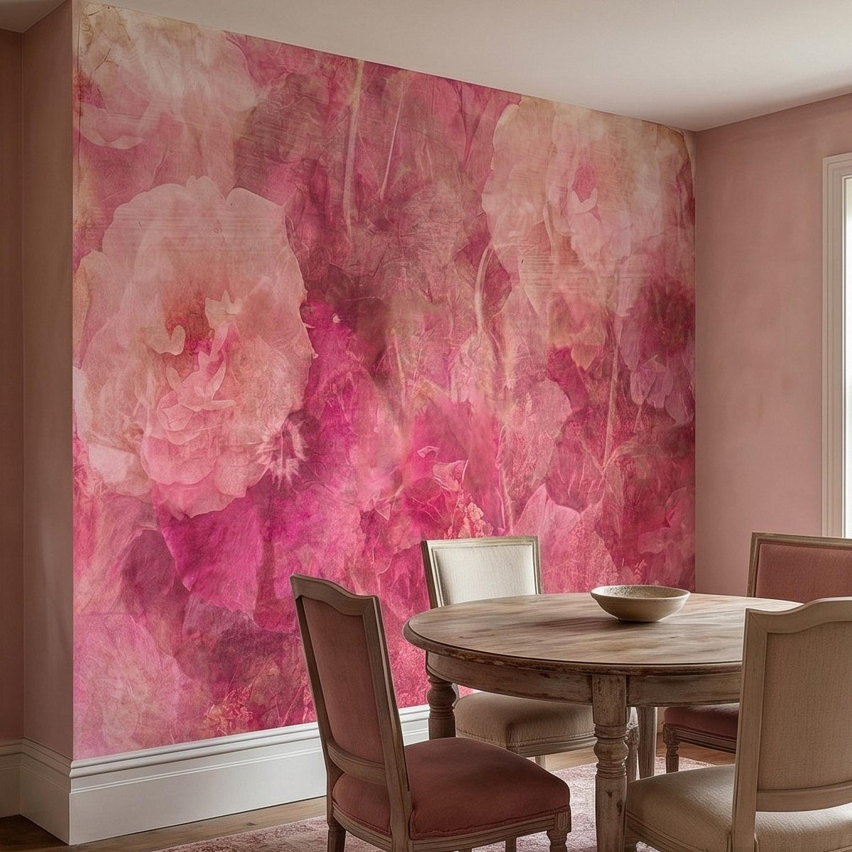 Vintage Pink Floral Watercolor Peel and Stick Wall Mural, Blush Rose and Peony Blooms, Soft Botanical Texture Wallpaper - The Fine Art Murals