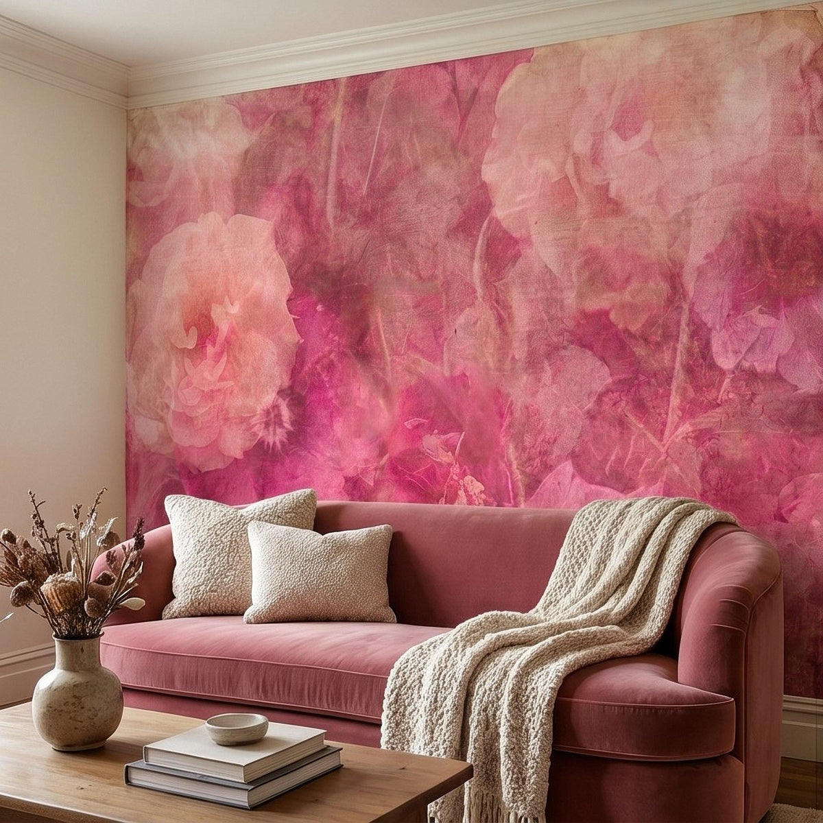 Vintage Pink Floral Watercolor Peel and Stick Wall Mural, Blush Rose and Peony Blooms, Soft Botanical Texture Wallpaper - The Fine Art Murals