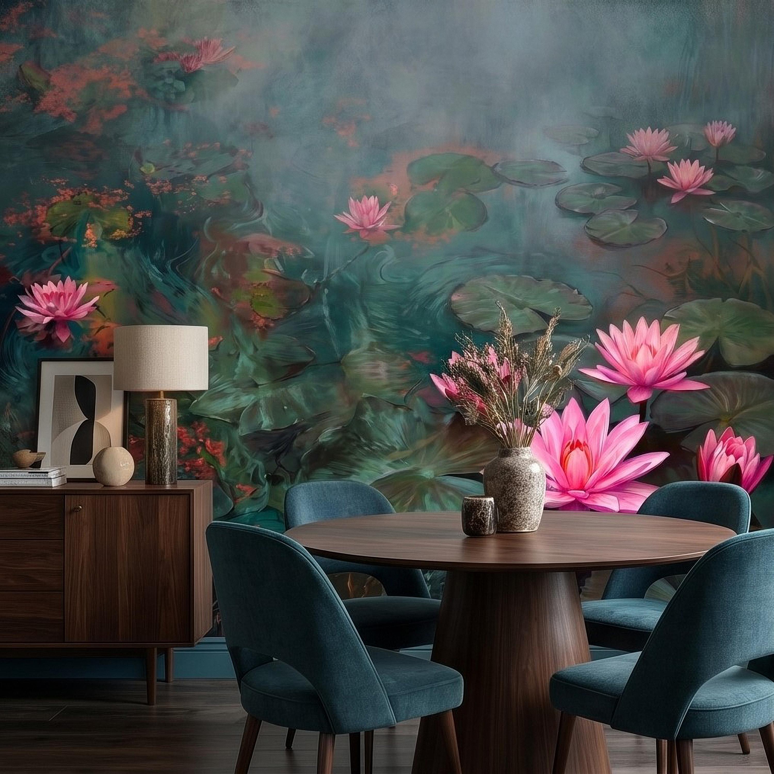 Pink Water Lily Peel and Stick Wall Mural, Blooming Lily Pad Pond, Misty Botanical Waterscape Nature Wallpaper