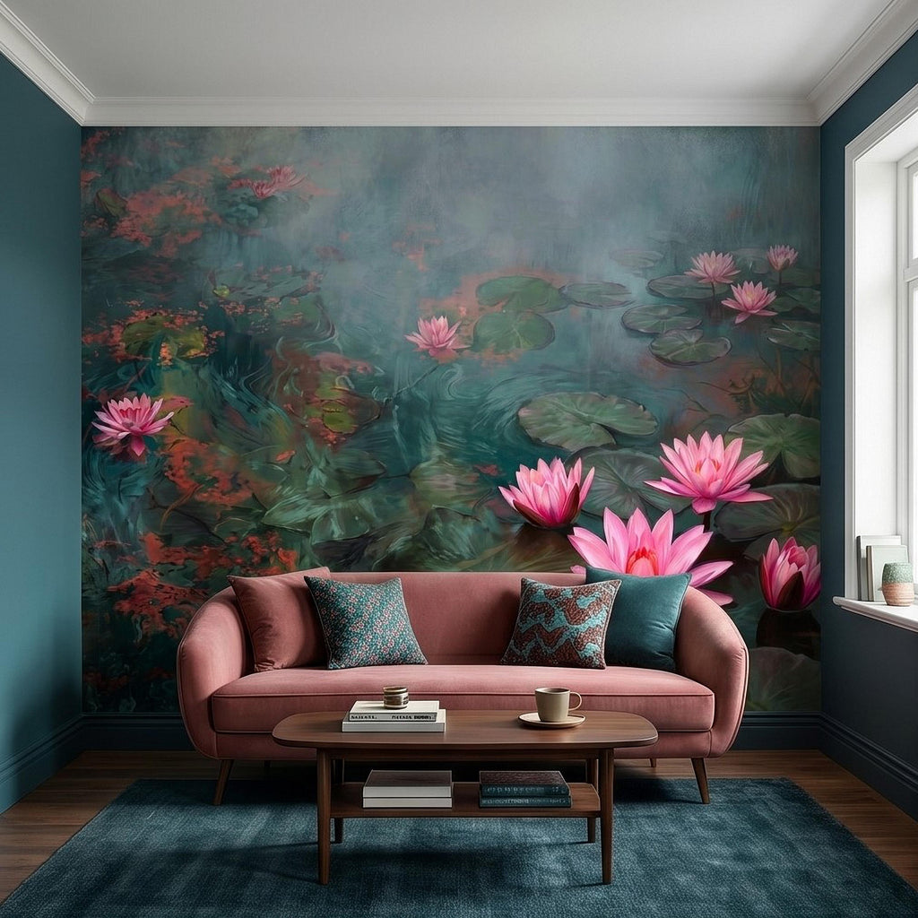 Pink Water Lily Peel and Stick Wall Mural, Blooming Lily Pad Pond, Misty Botanical Waterscape Nature Wallpaper