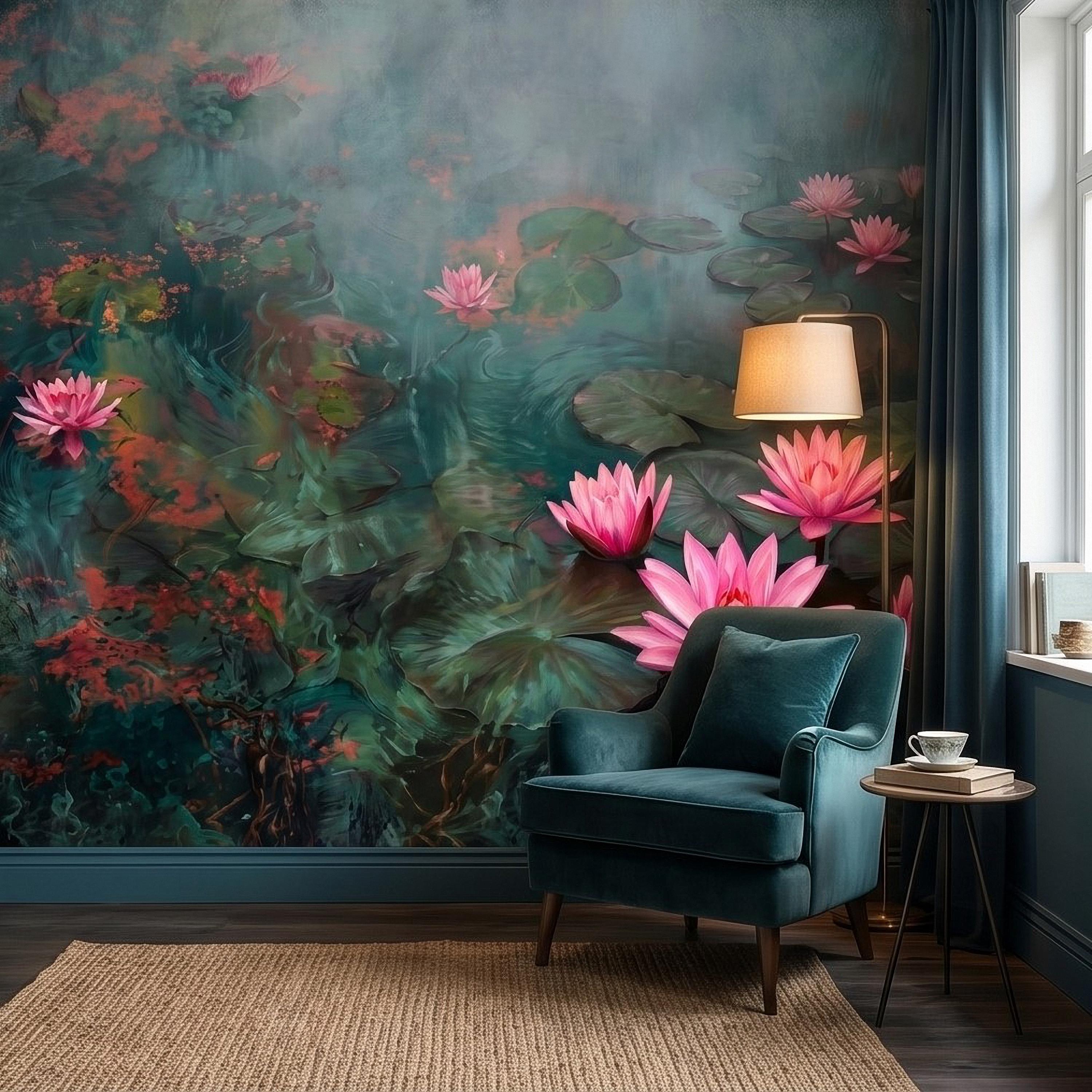 Pink Water Lily Peel and Stick Wall Mural, Blooming Lily Pad Pond, Misty Botanical Waterscape Nature Wallpaper