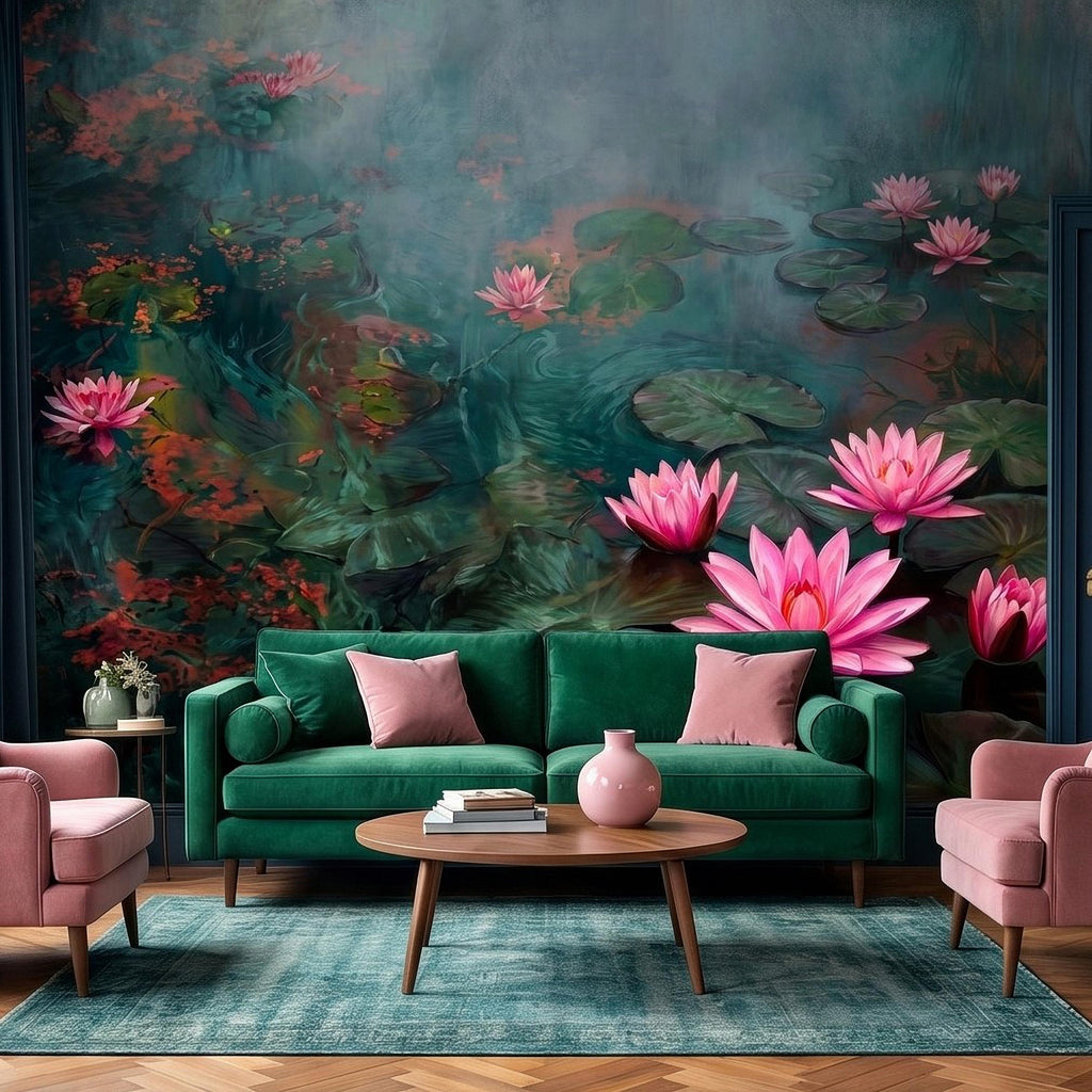 Pink Water Lily Peel and Stick Wall Mural, Blooming Lily Pad Pond, Misty Botanical Waterscape Nature Wallpaper