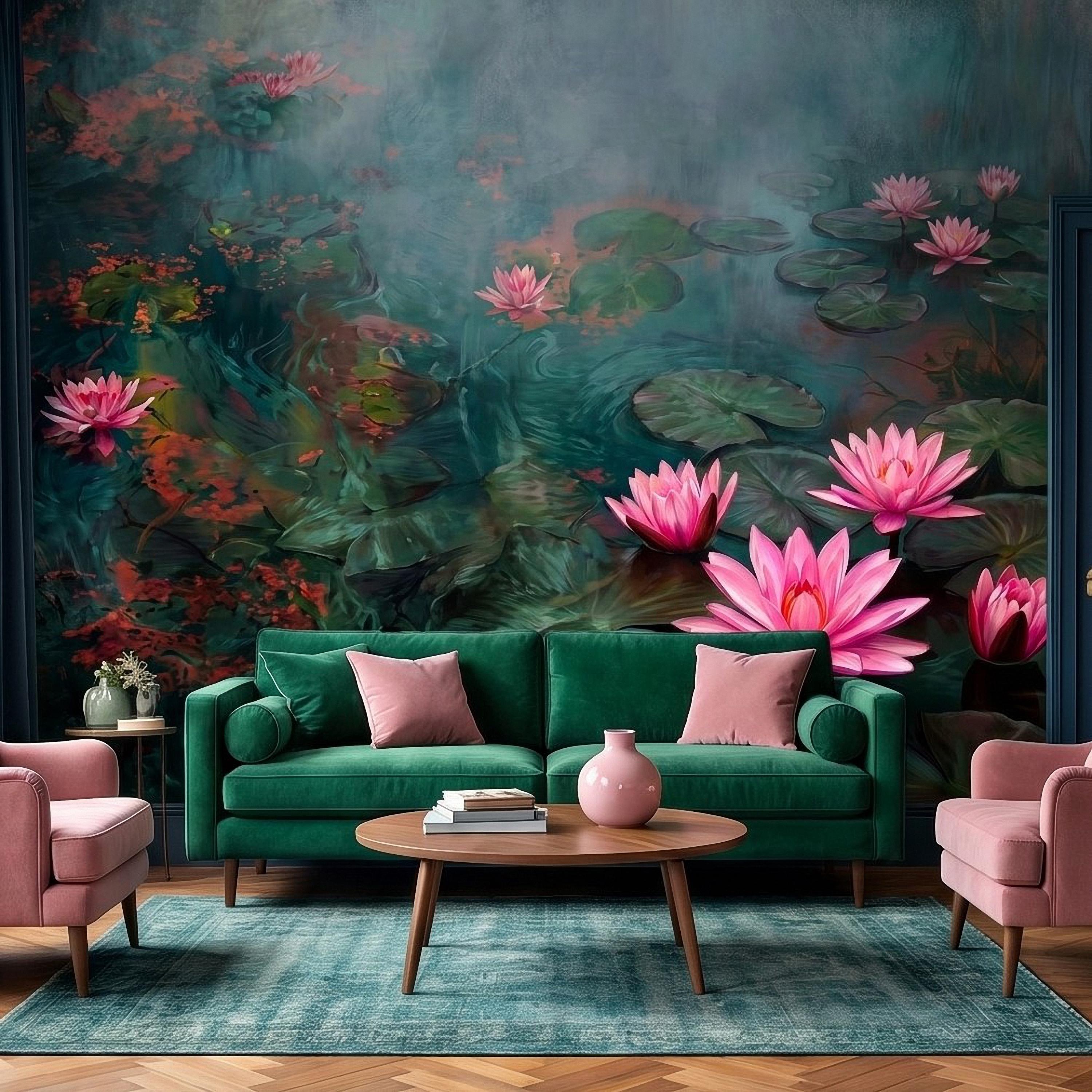 Pink Water Lily Peel and Stick Wall Mural, Blooming Lily Pad Pond, Misty Botanical Waterscape Nature Wallpaper