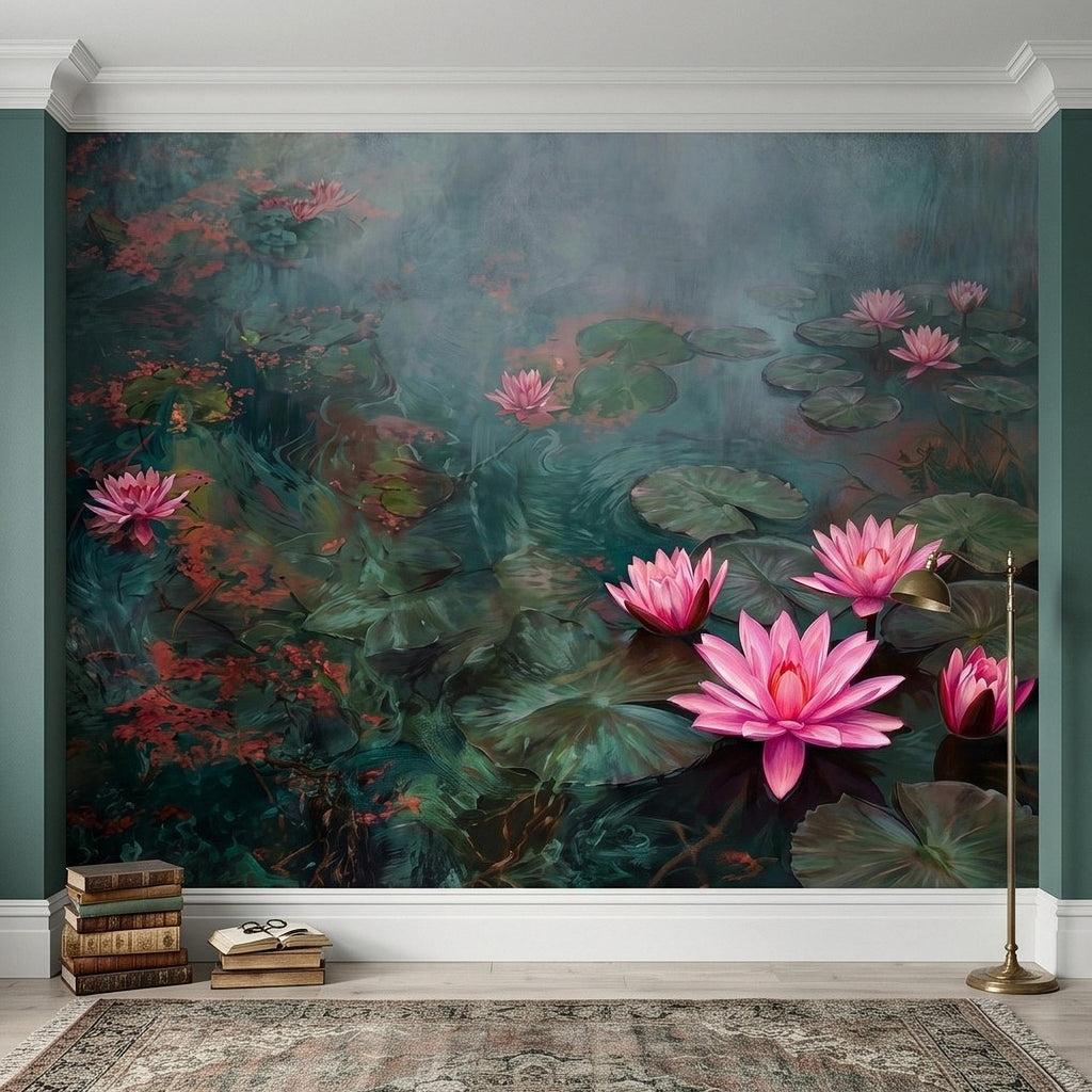 Pink Water Lily Peel and Stick Wall Mural, Blooming Lily Pad Pond, Misty Botanical Waterscape Nature Wallpaper