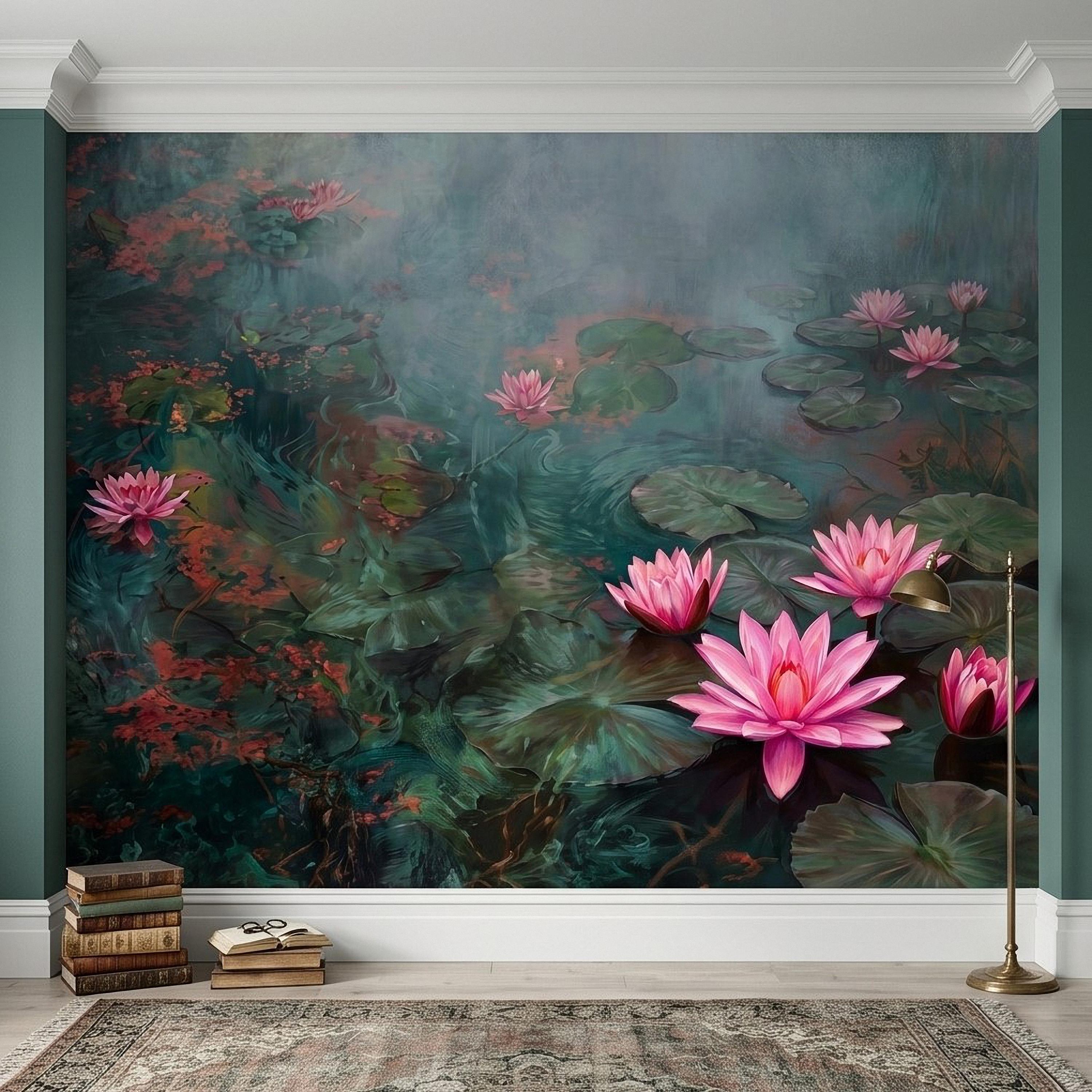 Pink Water Lily Peel and Stick Wall Mural, Blooming Lily Pad Pond, Misty Botanical Waterscape Nature Wallpaper