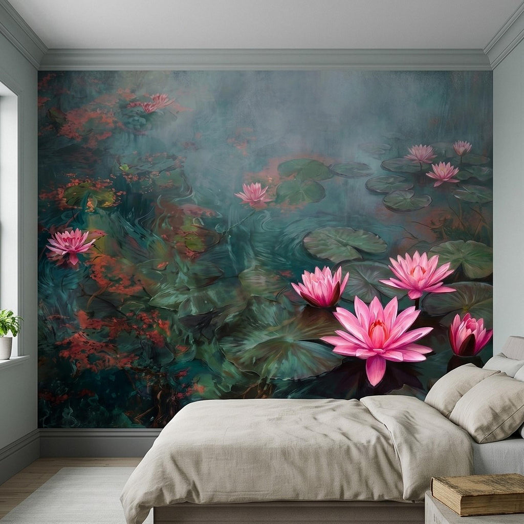 Pink Water Lily Peel and Stick Wall Mural, Blooming Lily Pad Pond, Misty Botanical Waterscape Nature Wallpaper