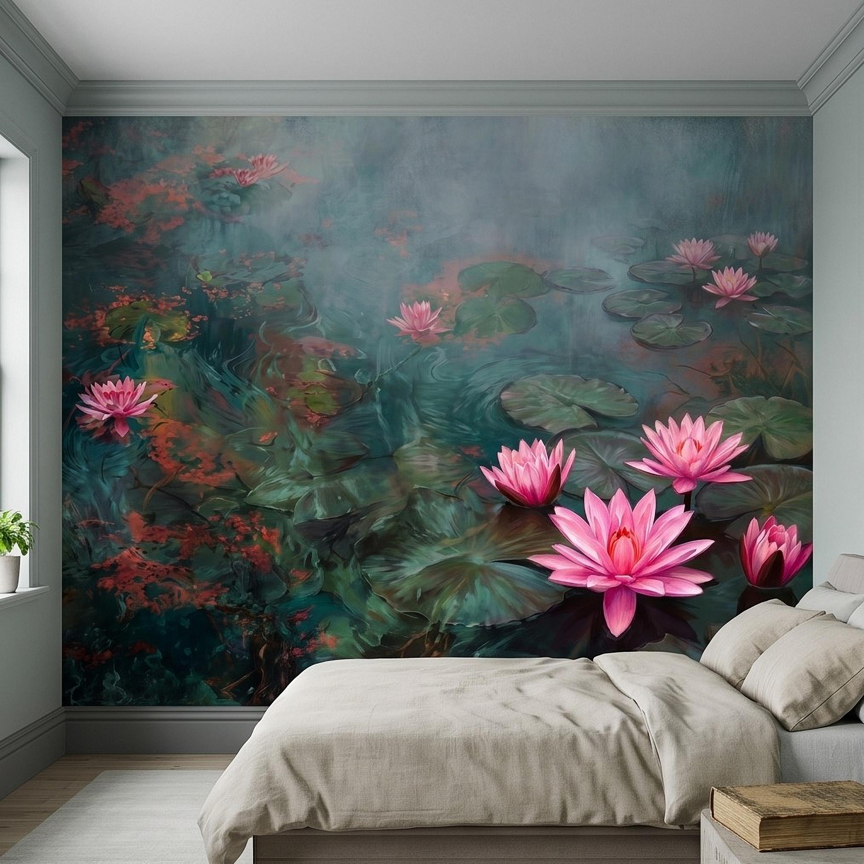 Pink Water Lily Peel and Stick Wall Mural, Blooming Lily Pad Pond, Misty Botanical Waterscape Nature Wallpaper