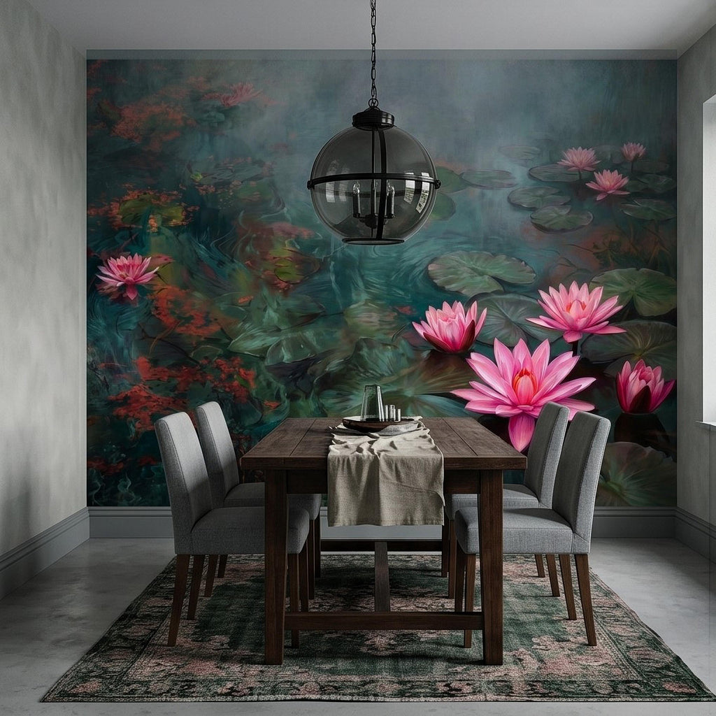 Pink Water Lily Peel and Stick Wall Mural, Blooming Lily Pad Pond, Misty Botanical Waterscape Nature Wallpaper