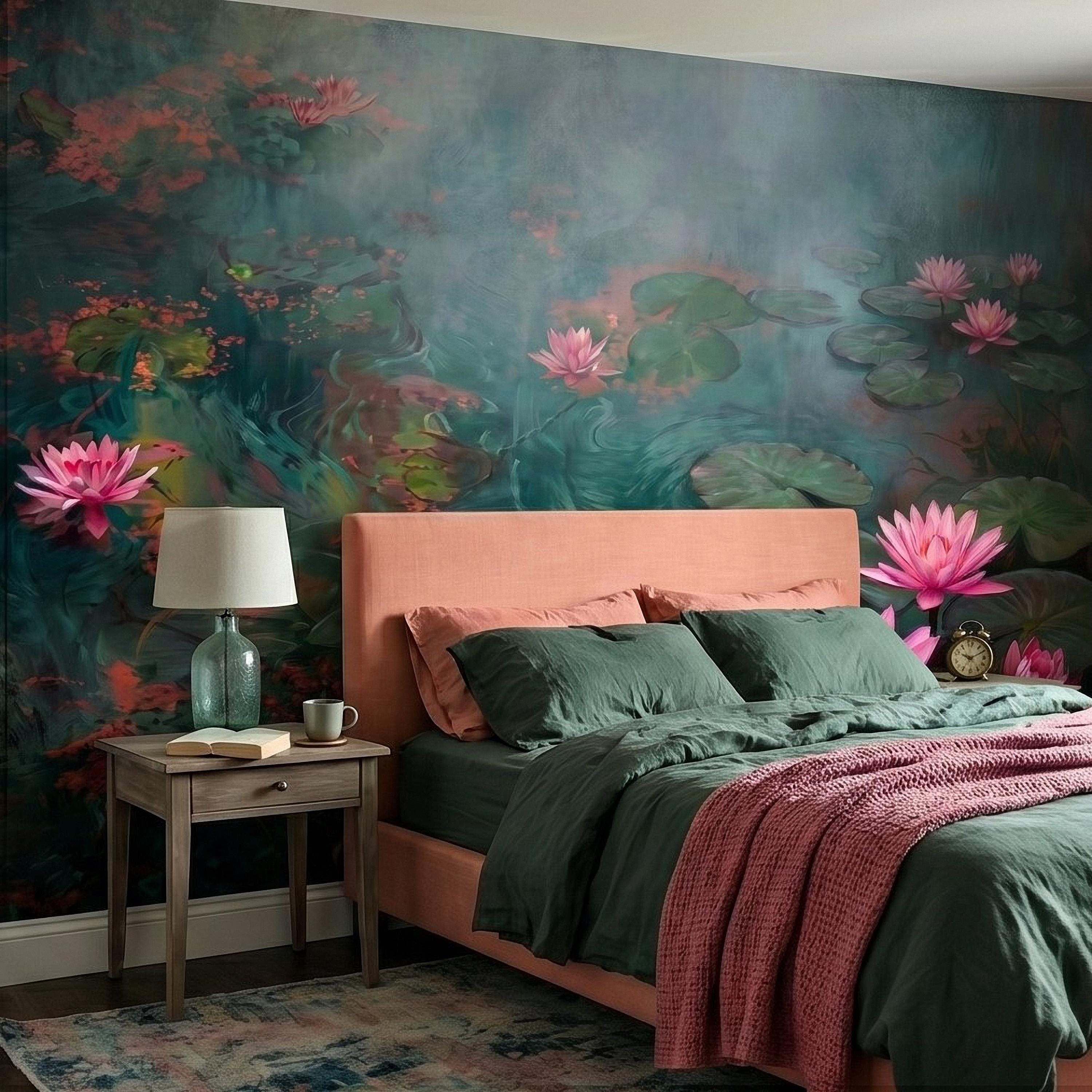 Pink Water Lily Peel and Stick Wall Mural, Blooming Lily Pad Pond, Misty Botanical Waterscape Nature Wallpaper