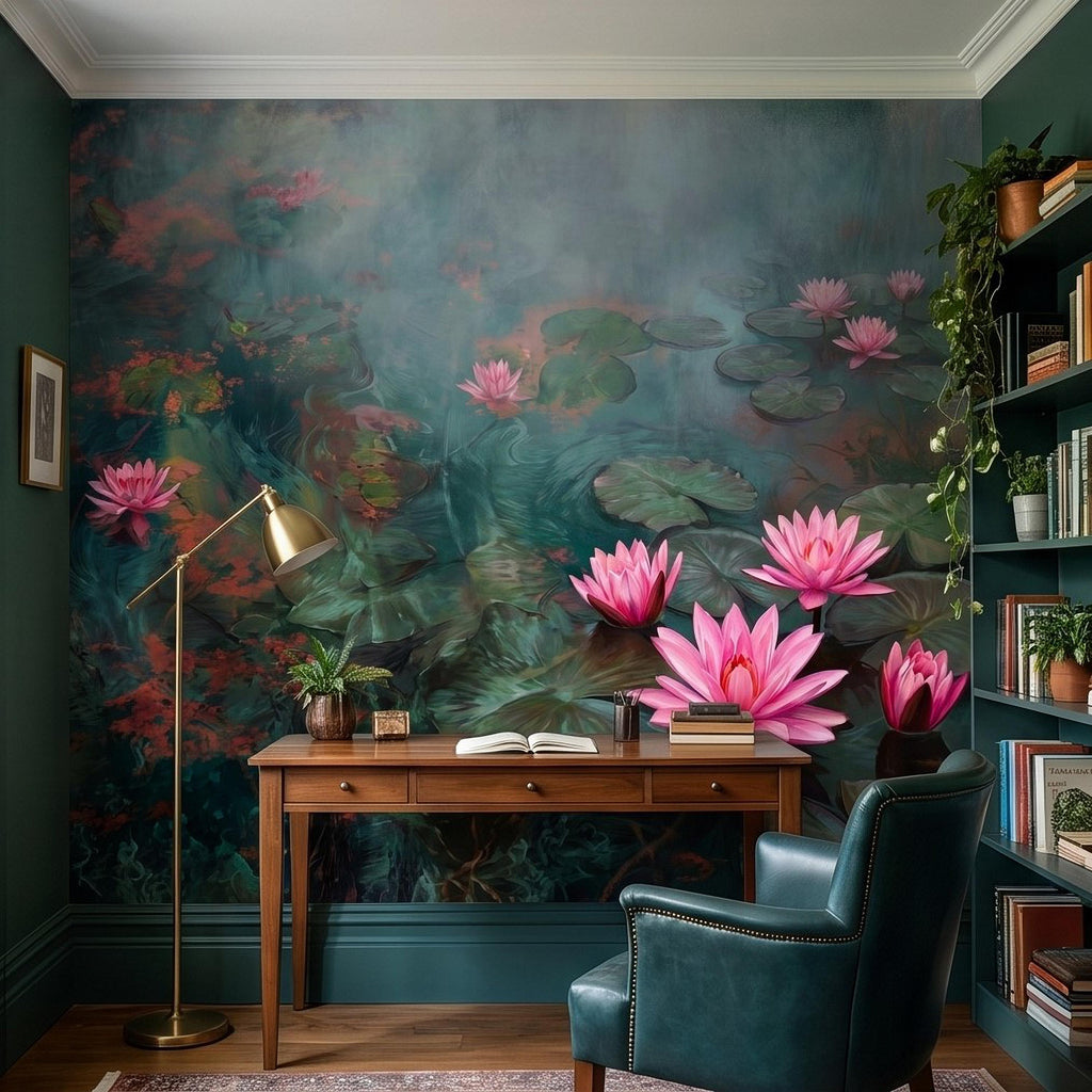 Pink Water Lily Peel and Stick Wall Mural, Blooming Lily Pad Pond, Misty Botanical Waterscape Nature Wallpaper