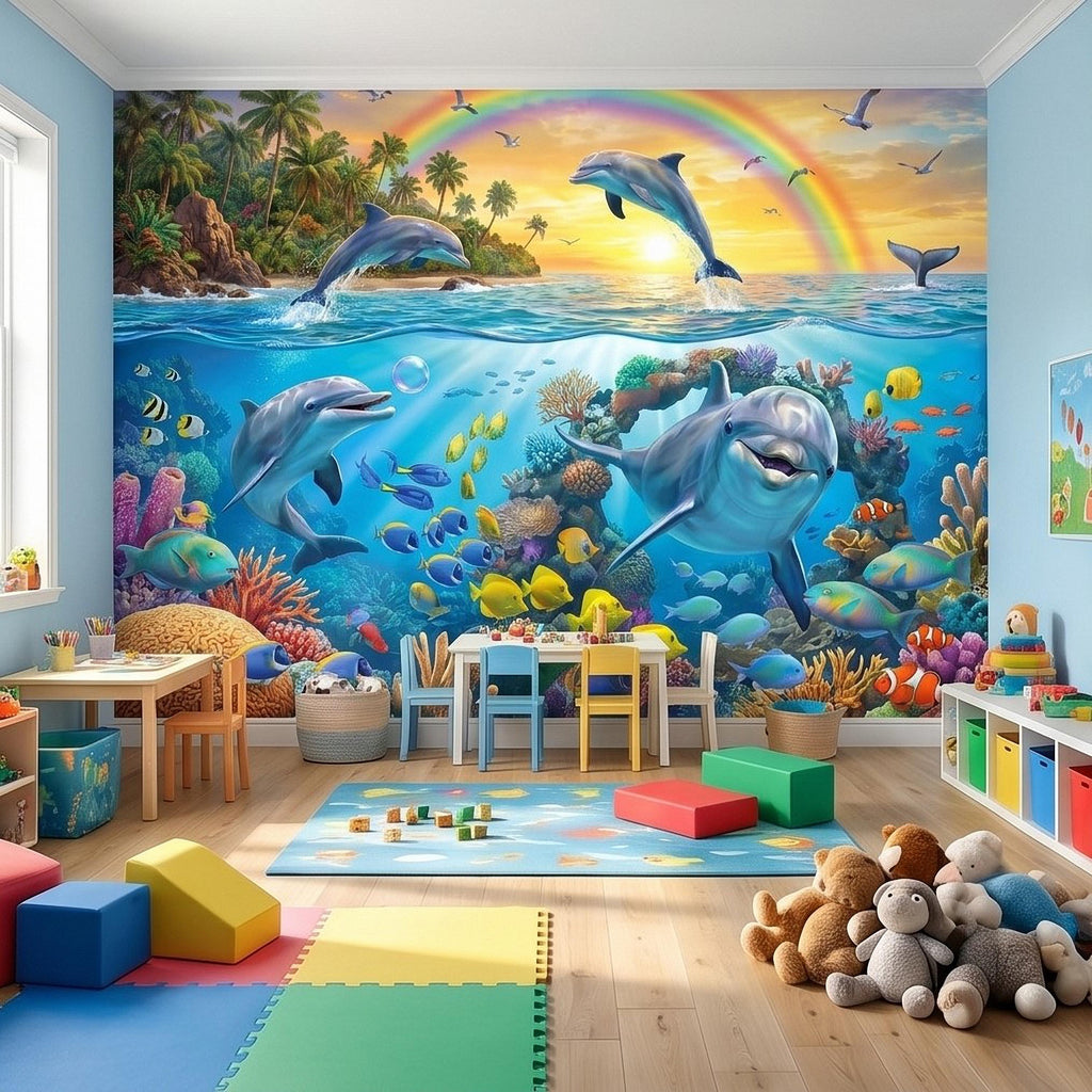 Dolphin Peel and Stick Wall Mural, Underwater Ocean Scene with Coral Reef and Tropical Fish Rainbow Sky Kids Room Wallpaper