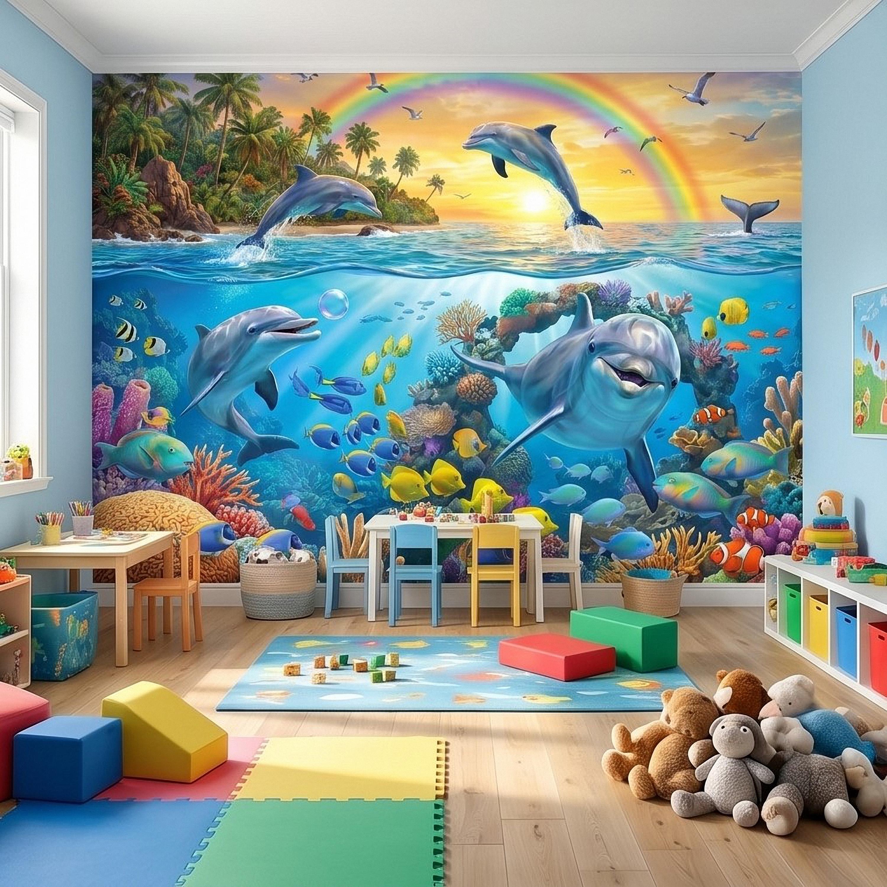 Dolphin Peel and Stick Wall Mural, Underwater Ocean Scene with Coral Reef and Tropical Fish Rainbow Sky Kids Room Wallpaper