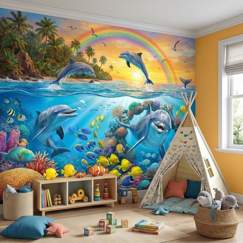 Dolphin Peel and Stick Wall Mural, Underwater Ocean Scene with Coral Reef and Tropical Fish Rainbow Sky Kids Room Wallpaper