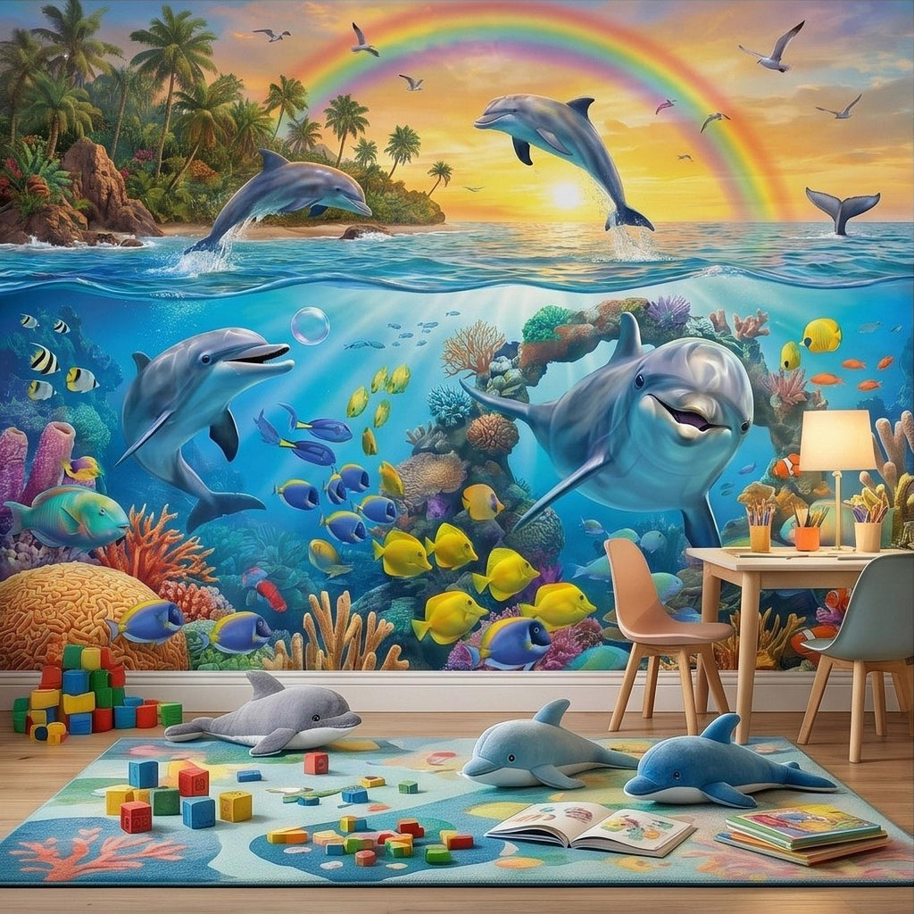 Dolphin Peel and Stick Wall Mural, Underwater Ocean Scene with Coral Reef and Tropical Fish Rainbow Sky Kids Room Wallpaper