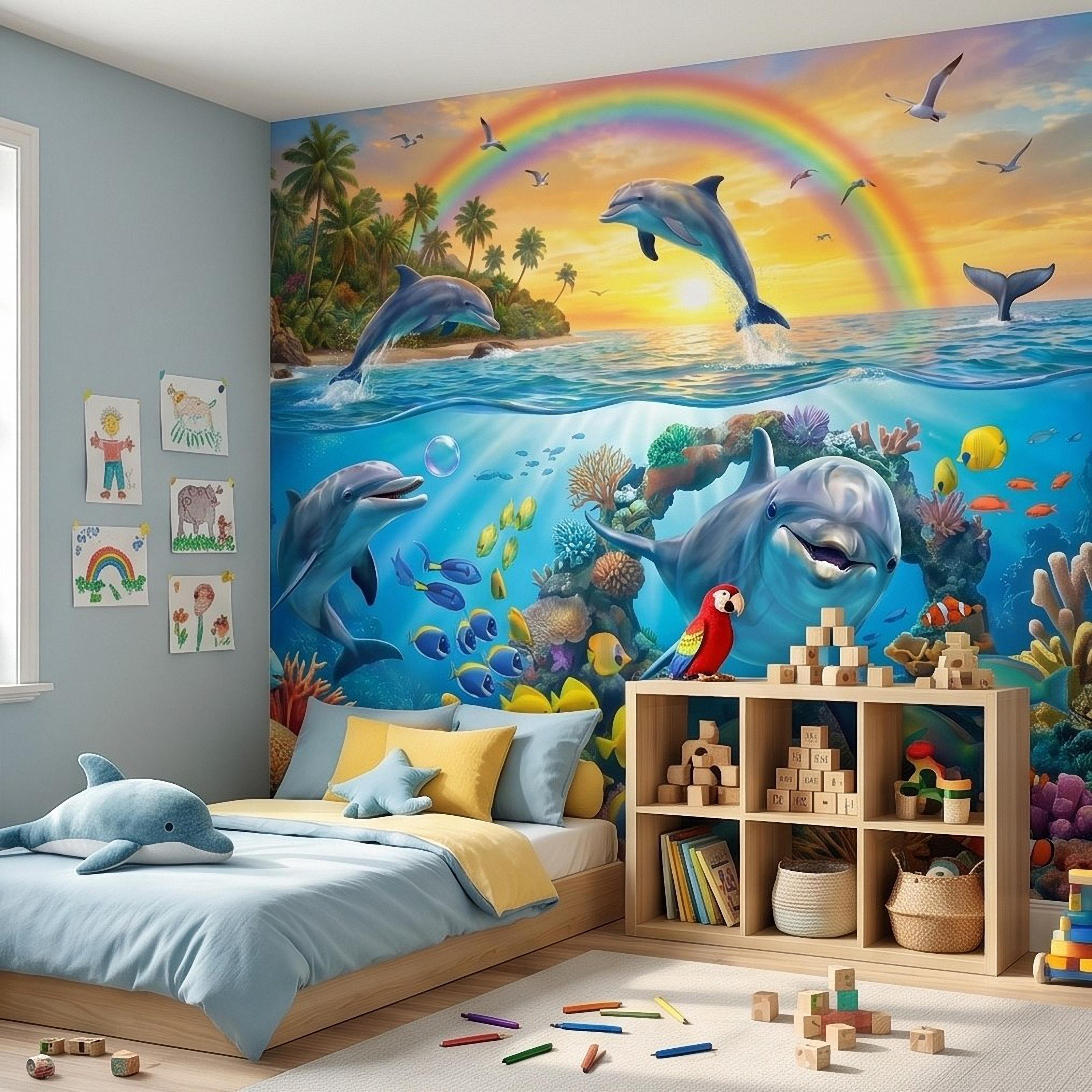 Dolphin Peel and Stick Wall Mural, Underwater Ocean Scene with Coral Reef and Tropical Fish Rainbow Sky Kids Room Wallpaper