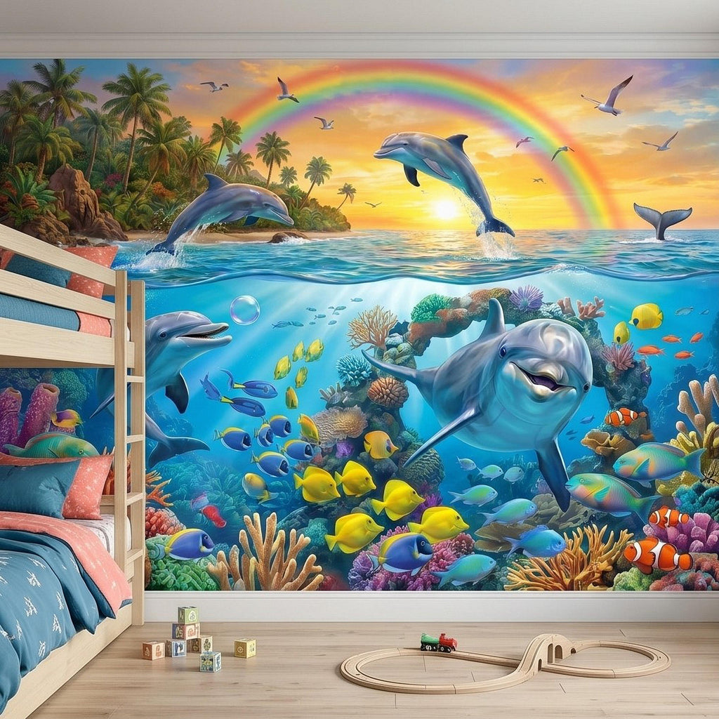 Dolphin Peel and Stick Wall Mural, Underwater Ocean Scene with Coral Reef and Tropical Fish Rainbow Sky Kids Room Wallpaper