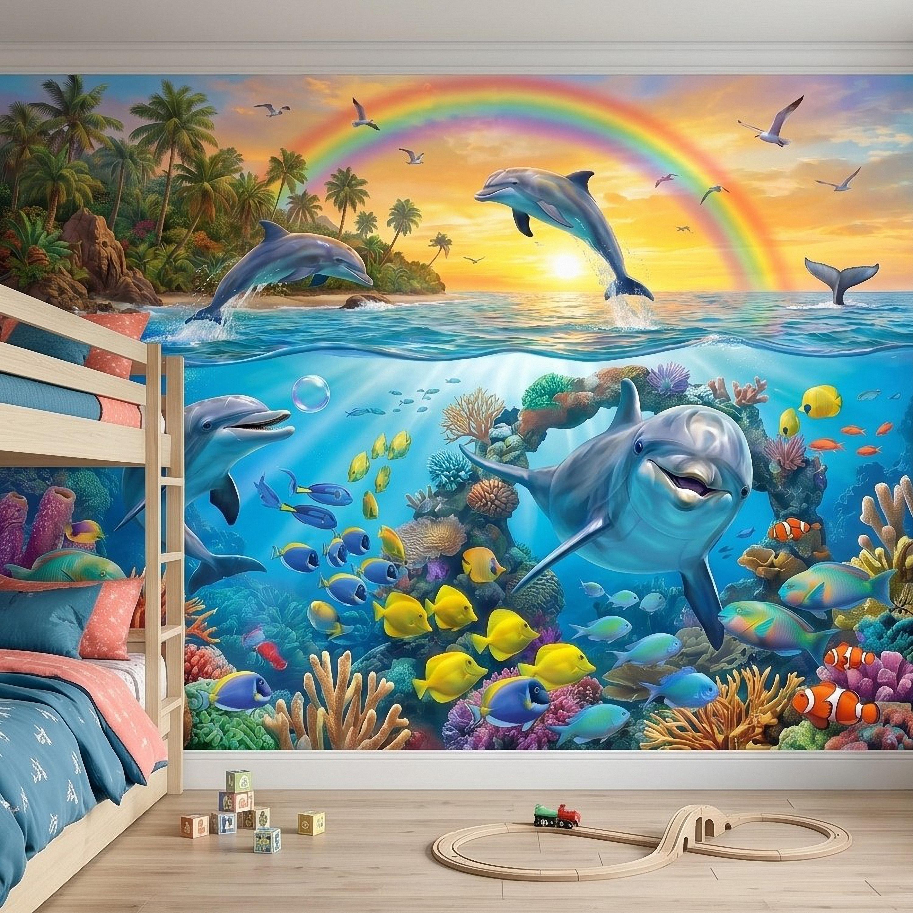 Dolphin Peel and Stick Wall Mural, Underwater Ocean Scene with Coral Reef and Tropical Fish Rainbow Sky Kids Room Wallpaper