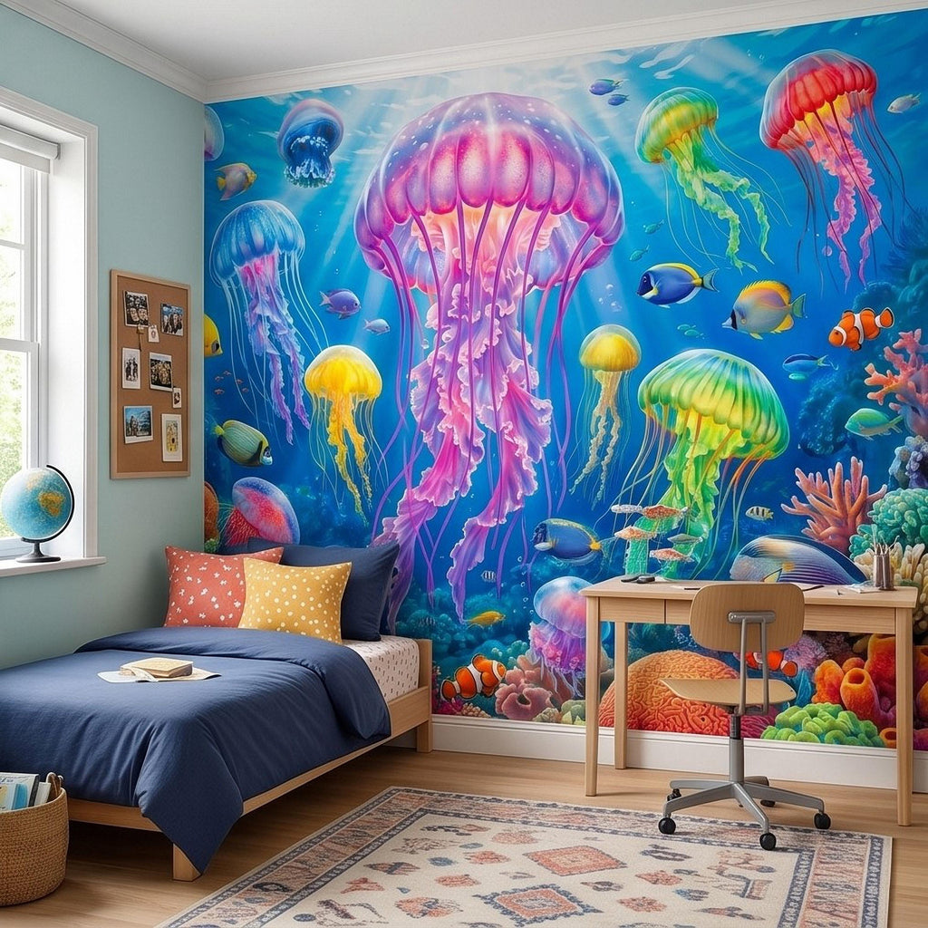 Jellyfish Peel and Stick Wall Mural, Underwater Ocean Scene with Coral Reef and Tropical Fish, Colorful Sea Life Kids Room Wallpaper