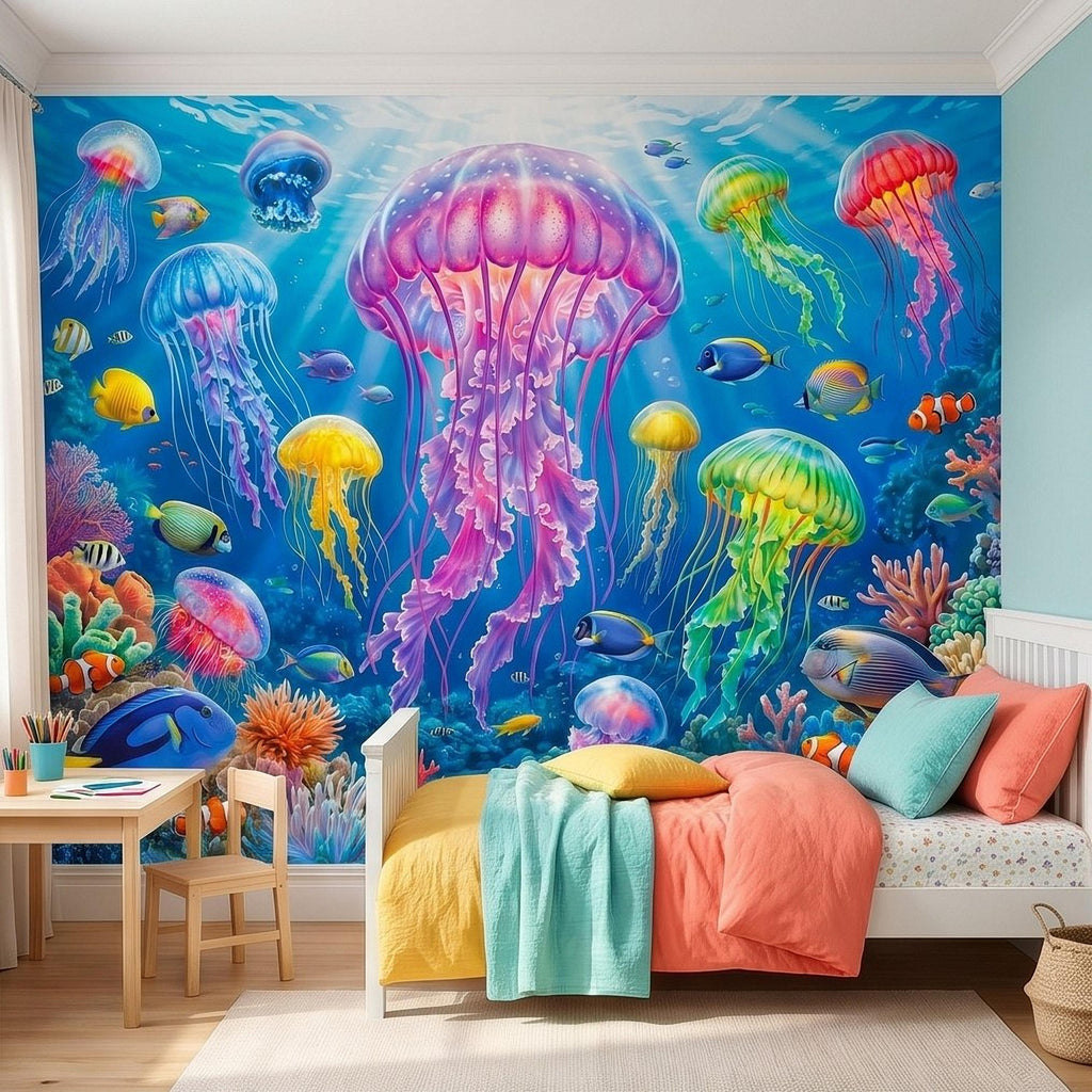Jellyfish Peel and Stick Wall Mural, Underwater Ocean Scene with Coral Reef and Tropical Fish, Colorful Sea Life Kids Room Wallpaper