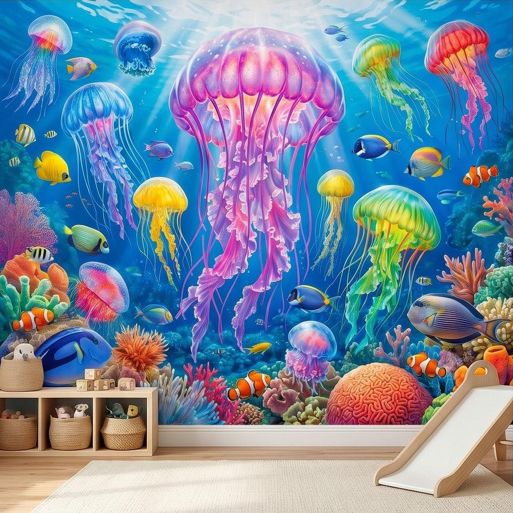 Jellyfish Peel and Stick Wall Mural, Underwater Ocean Scene with Coral Reef and Tropical Fish, Colorful Sea Life Kids Room Wallpaper