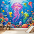 Jellyfish Peel and Stick Wall Mural, Underwater Ocean Scene with Coral Reef and Tropical Fish, Colorful Sea Life Kids Room Wallpaper
