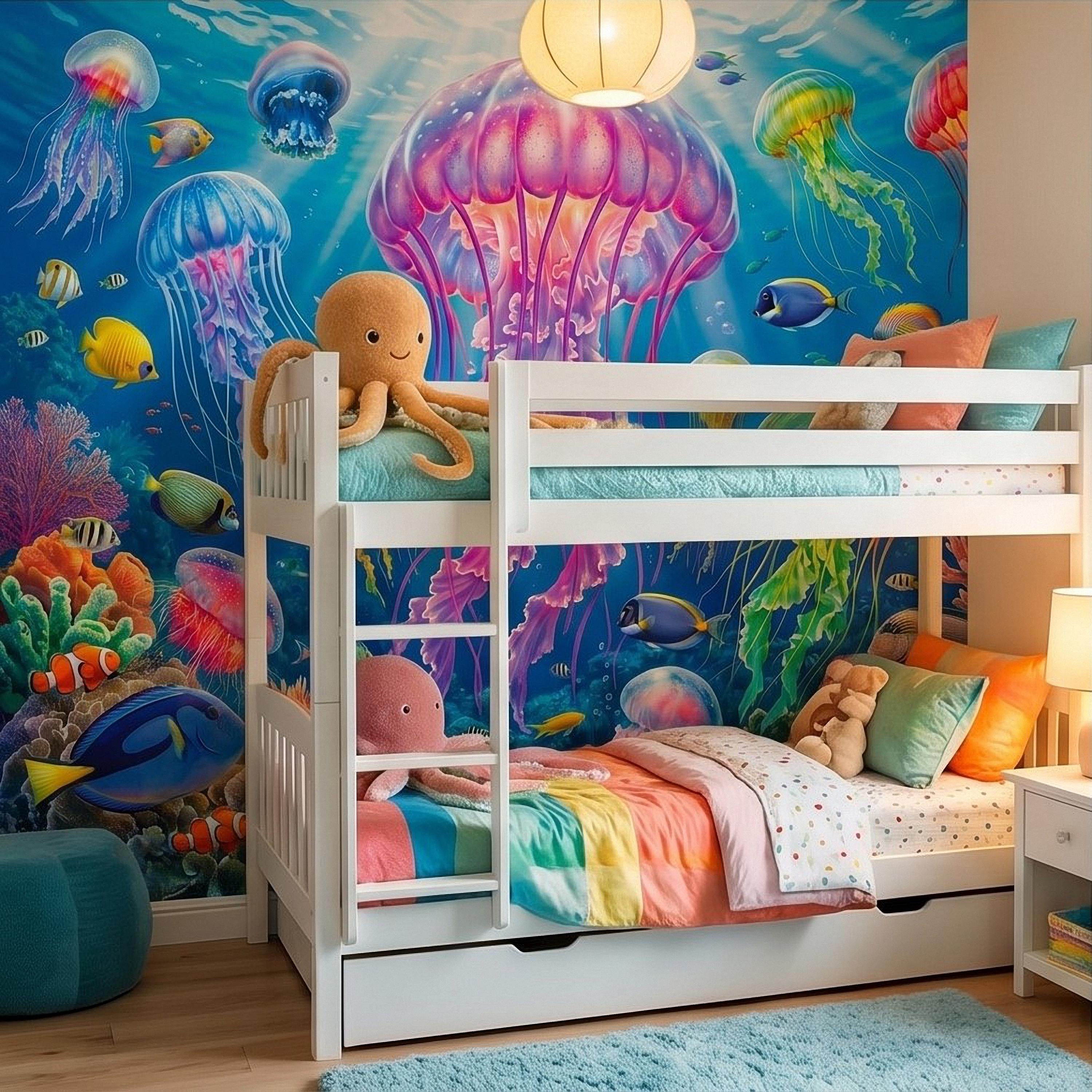 Jellyfish Peel and Stick Wall Mural, Underwater Ocean Scene with Coral Reef and Tropical Fish, Colorful Sea Life Kids Room Wallpaper