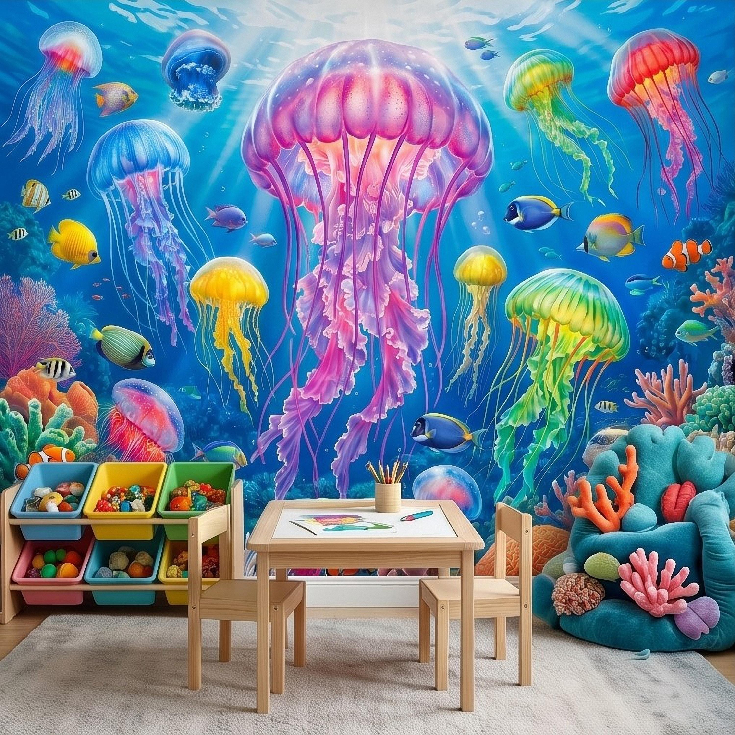 Jellyfish Peel and Stick Wall Mural, Underwater Ocean Scene with Coral Reef and Tropical Fish, Colorful Sea Life Kids Room Wallpaper